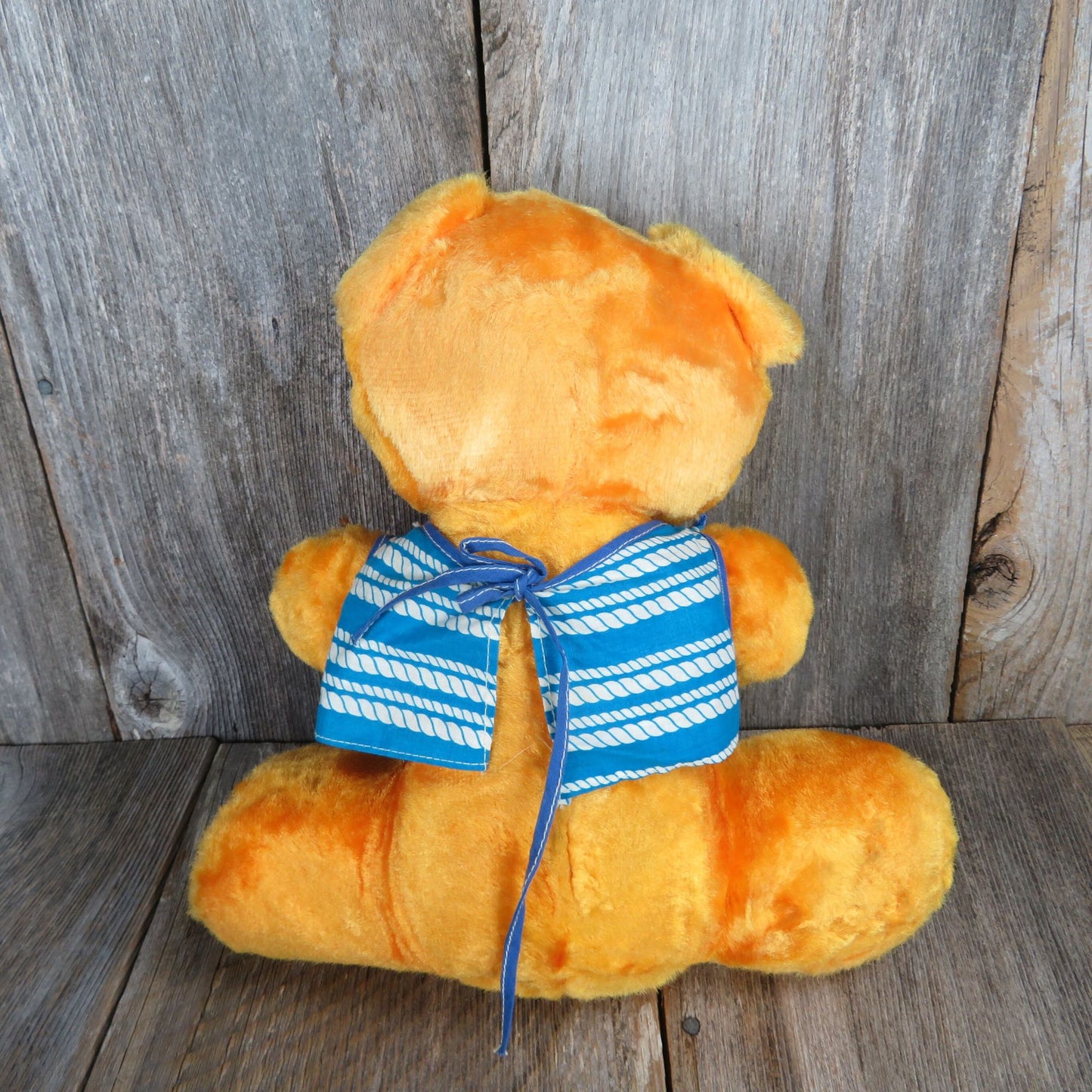 Vintage Teddy Bear Plush Shiny Yellow Orange Stuffed Animal Blue Shirt Pom Pom Nose Soft Foam Filled Eye Brows