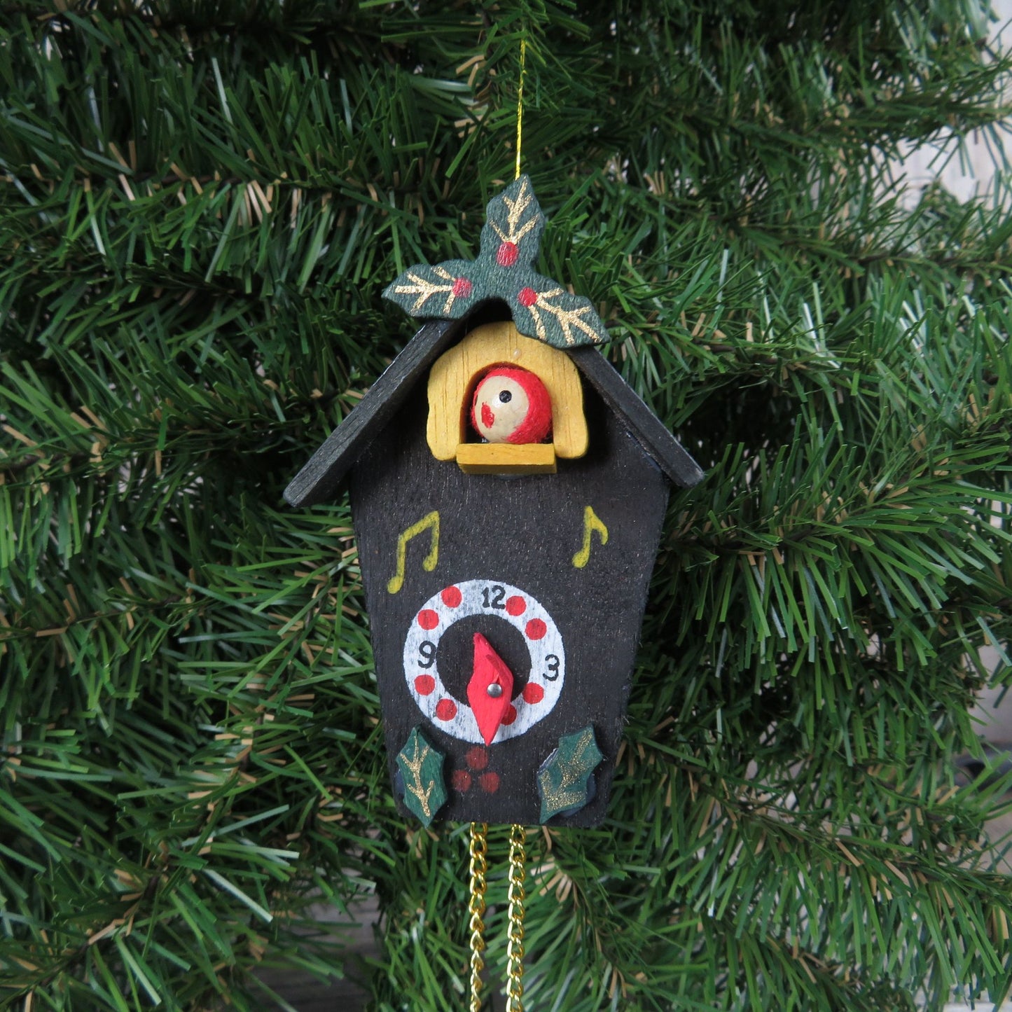 Vintage Wood Coo Coo Clock Ornament Black Wooden Clock with Bird and Chain Christmas Ornament
