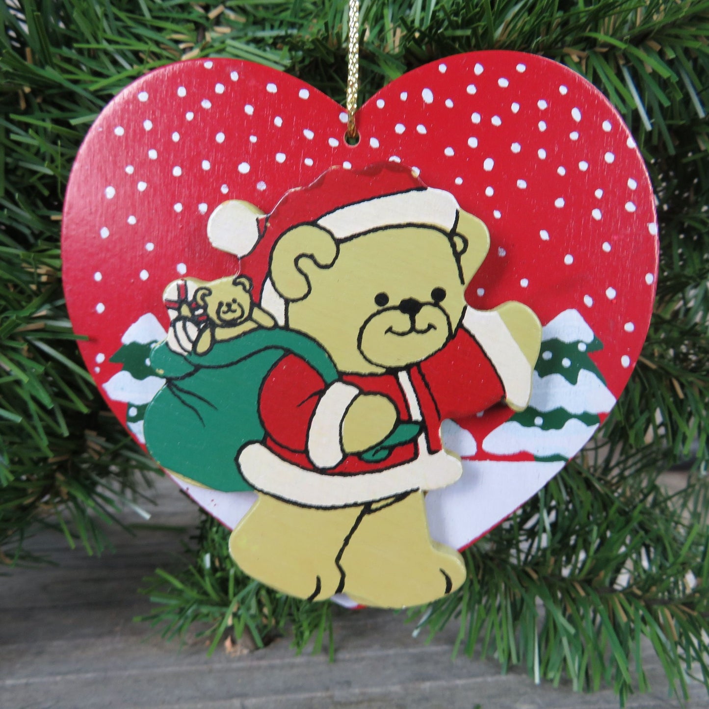 Heart Shaped Bear Santa Claus Wood Ornament Vintage Wooden Painted Christmas Ornament