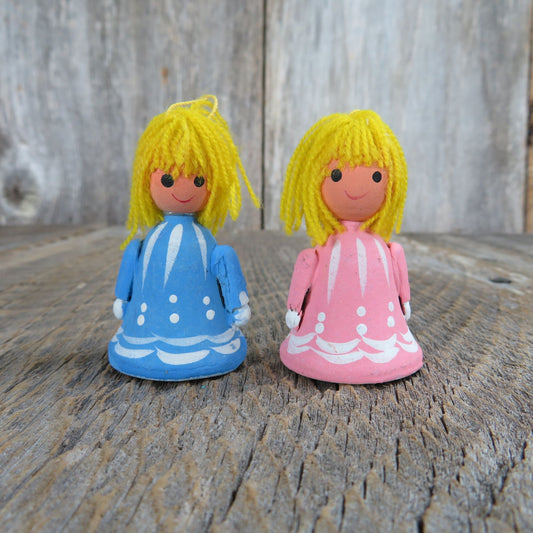 Wooden Blonde Girl Ornaments PInk and Blue Bell Christmas Wood Ornament Vintage