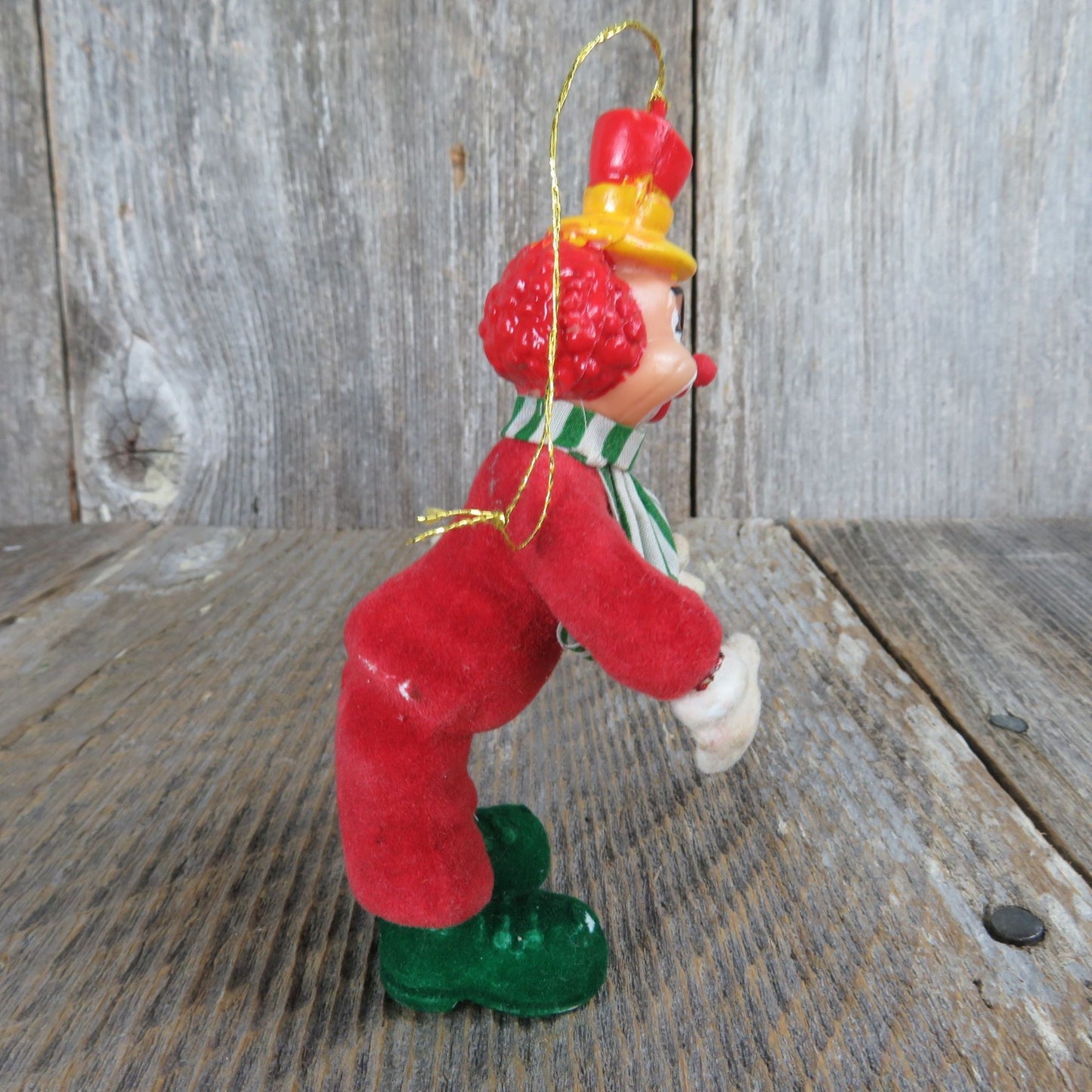 Vintage Flocked Clown Ornament Christmas Red Plastic Green