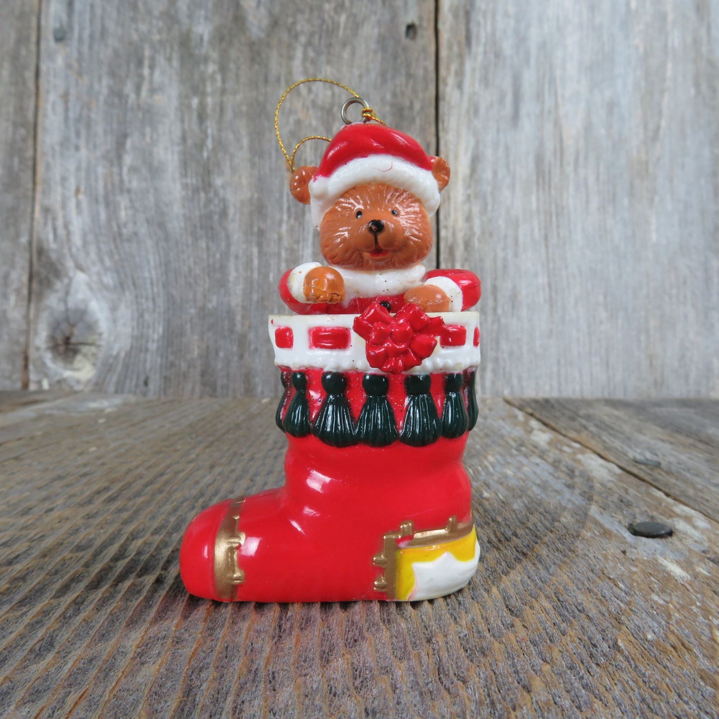 Vintage Teddy Bear Santa in Stocking Ornament Plastic Red White Green