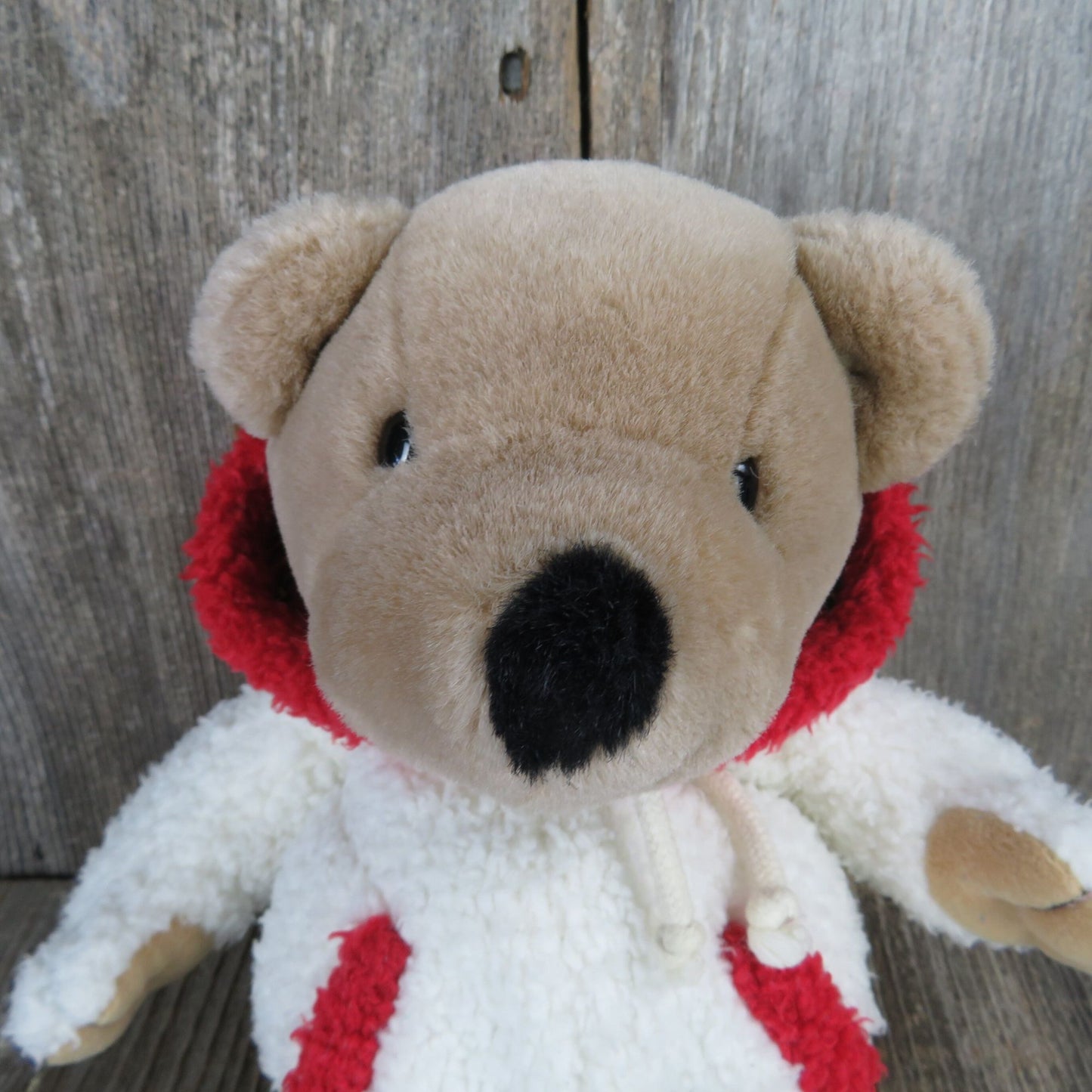 Vintage Teddy Bear In White Fleece Sherpa Suit Plush Creations Winter Pocket Red Trim Plaid 1998