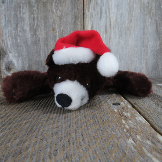 Vintage Floppy Bear Plush Chestnut Brown Santa Hat Gibson Greetings 1986 Laying Christmas