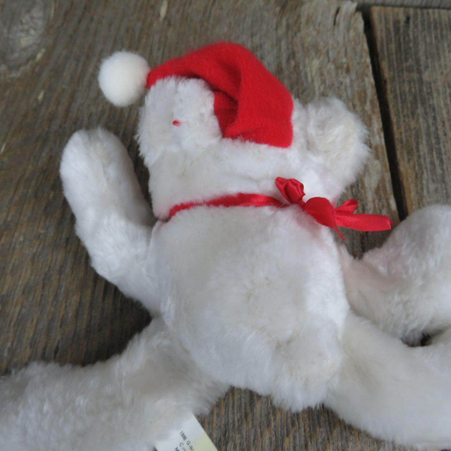 Vintage White Laying Bear Plush Floppy Santa Hat Gibson Greetings 1986 Laying Christmas