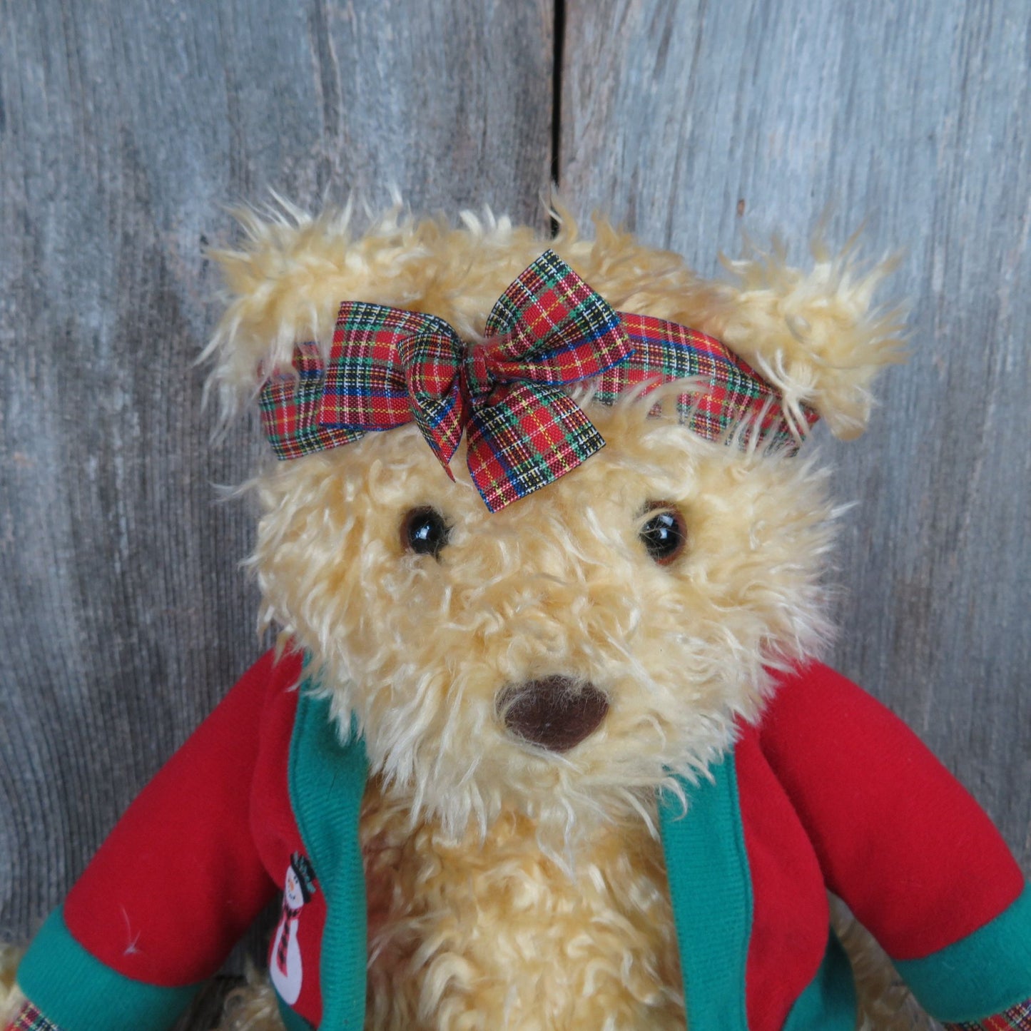 Vintage Teddy Bear Plush Red Sweater Hallmark Plaid Bow Curly Hair Stuffed Animal Christmas Holiday