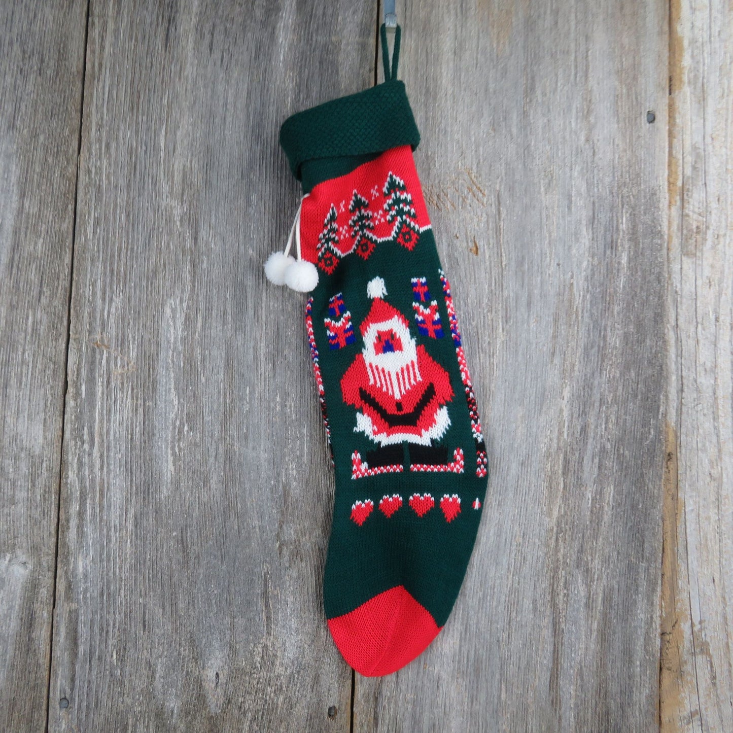 Vintage Santa Claus Knit Stocking Green Red White Gifts Trees Hearts Pom Pom 1980s