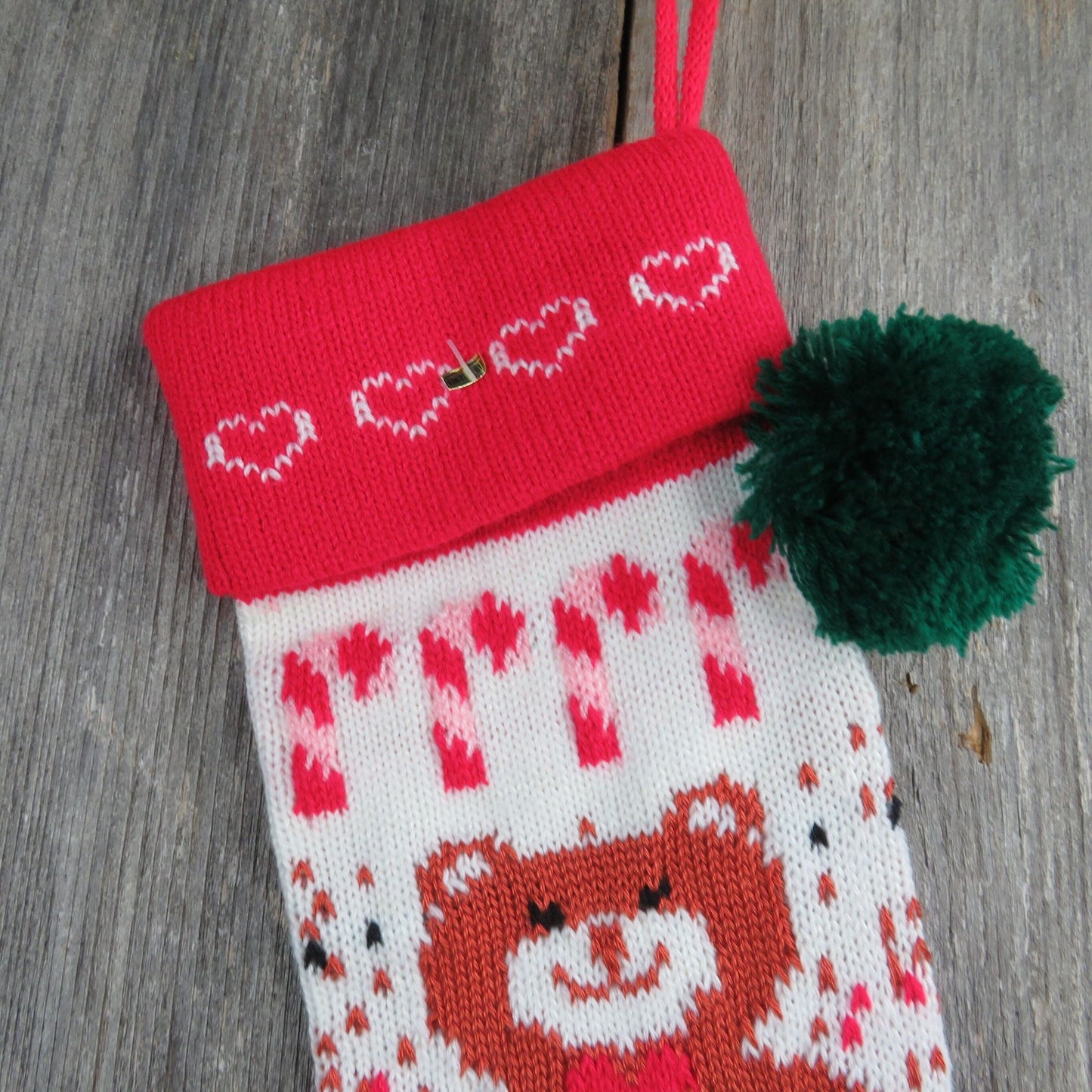 Christmas Stocking Knitted Knit Teddy Bear Candy White Red Green Vtg 1980s st13