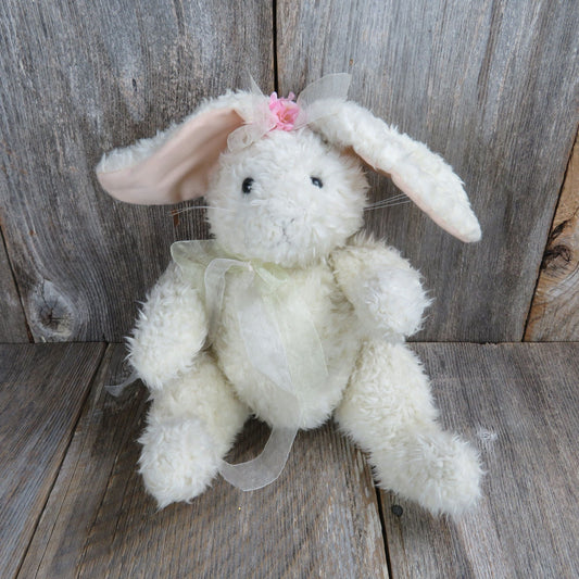 Vintage White Bunny Jointed Plush Rabbot Blossom Pink Flower Bow North American Bear Company 1990 Easter