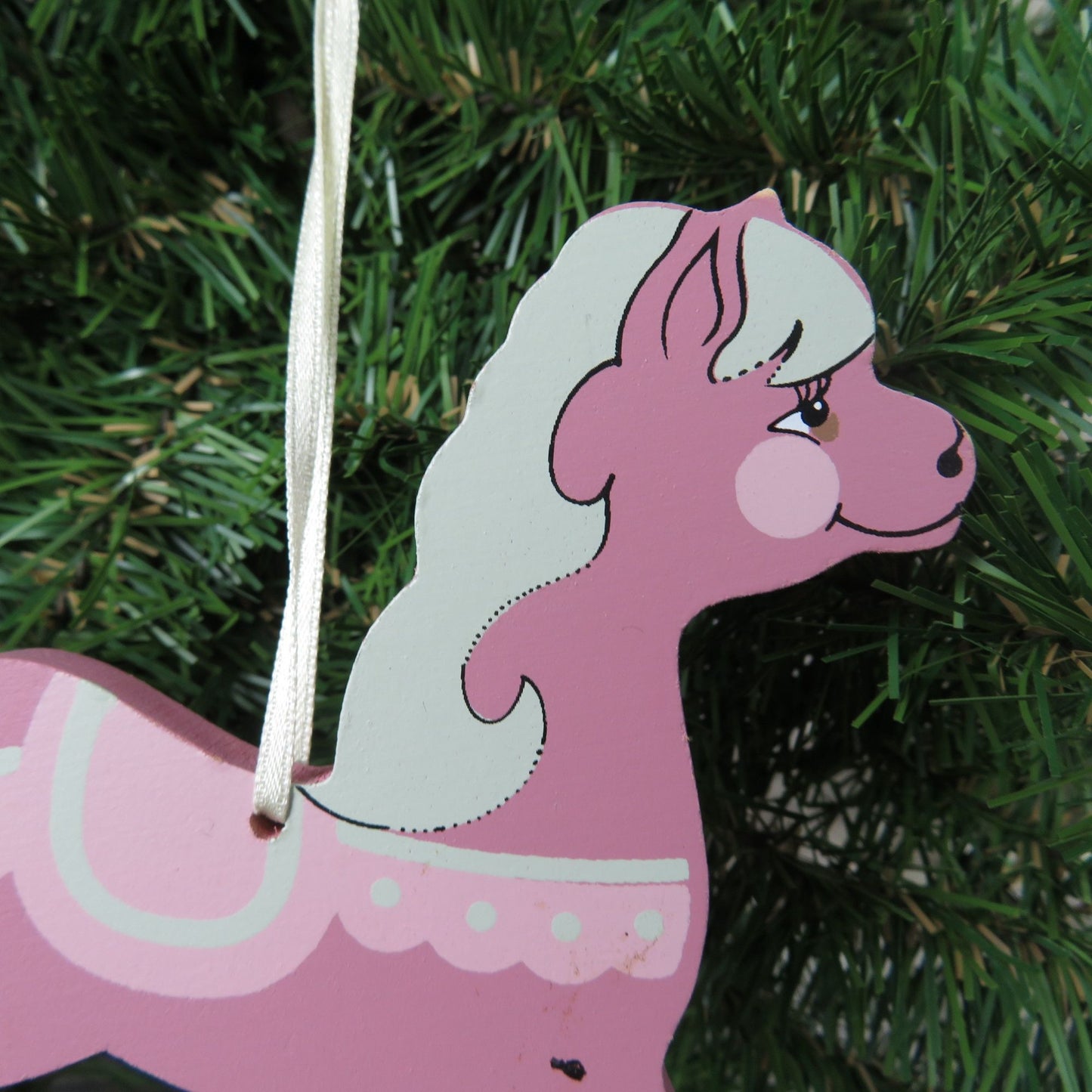 Vintage Pink Wooden Rocking Horse Ornament Fancy Painted Show Pony Green Holly Adler Kurt 1988