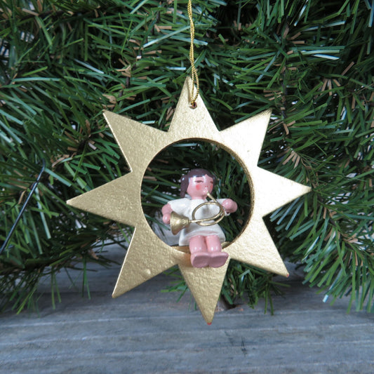 Vintage Angles on Gold Star Wood Ornament with French Horn Wooden Christmas