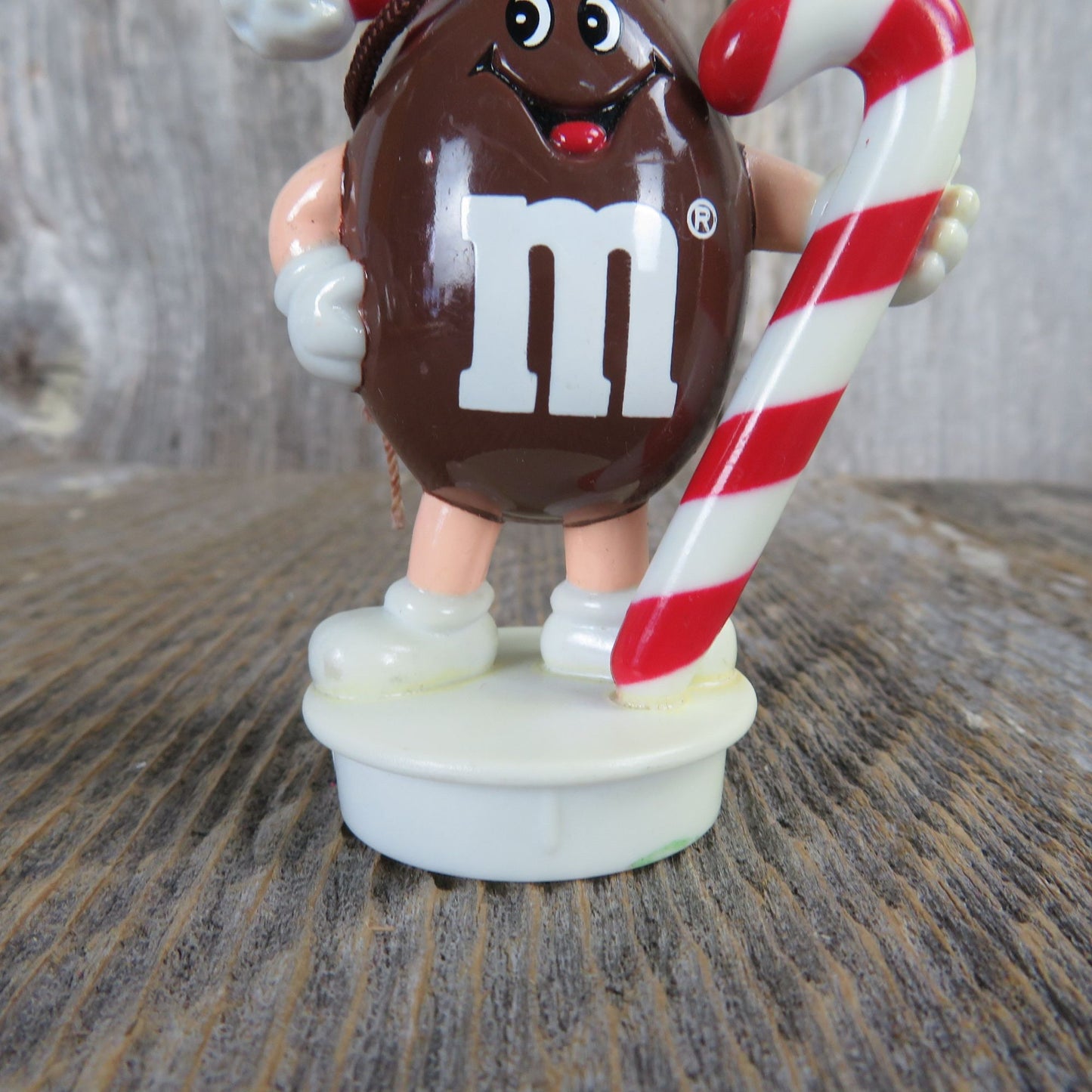 Vintage Brown M&M Ornament Santa Hat Candy Cane Candy Tube Topper Figure Christmas 1992 Mars