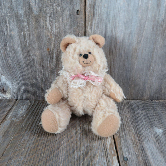 Vintage Teddy Bear Plush Cream Curly Fur Ribbon Lace Collar Dusty's Dream Jointed Stuffed Animal