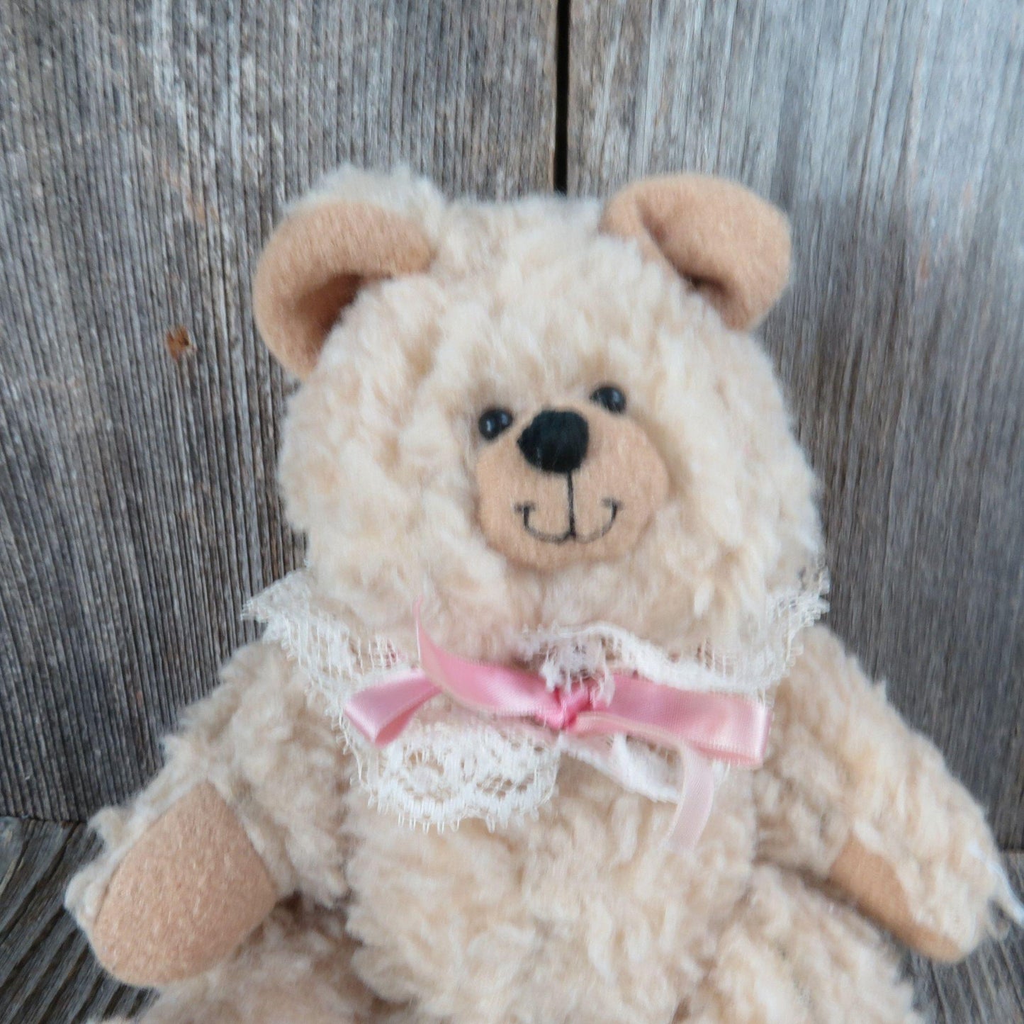 Vintage Teddy Bear Plush Cream Curly Fur Ribbon Lace Collar Dusty's Dream Jointed Stuffed Animal