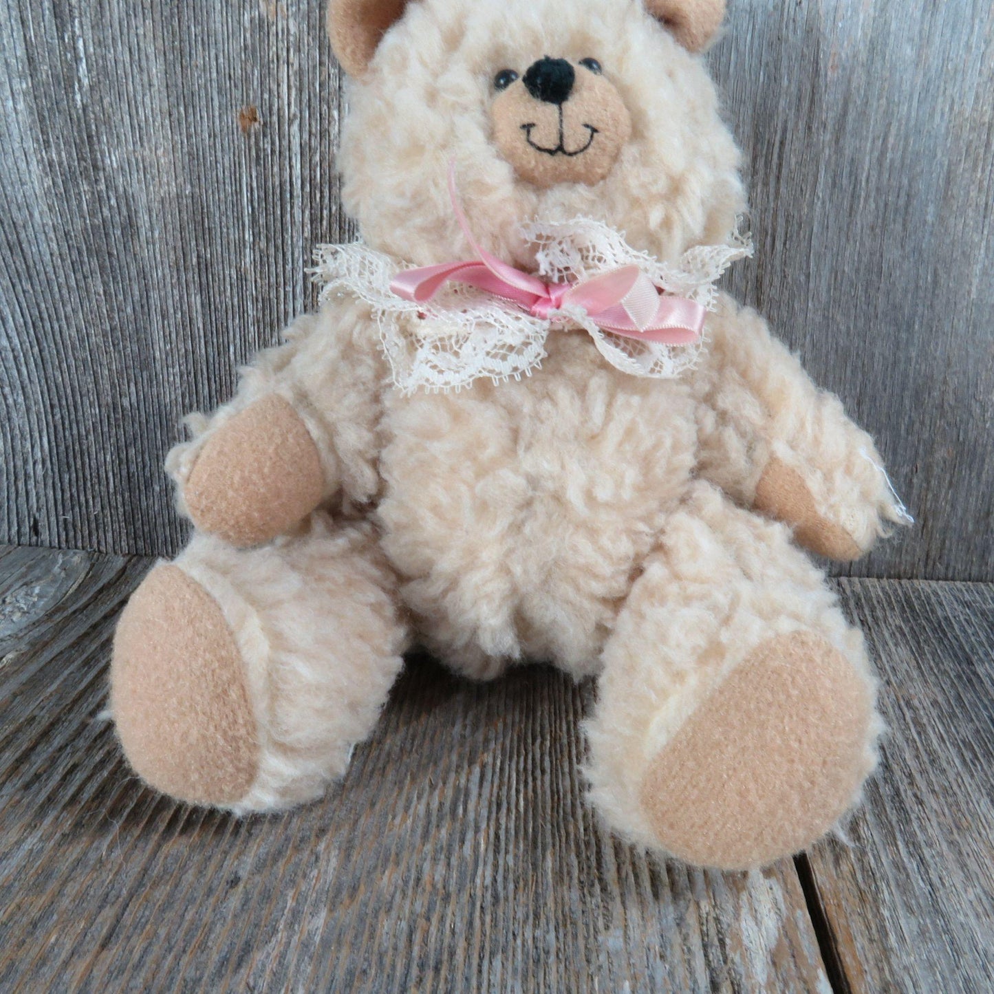 Vintage Teddy Bear Plush Cream Curly Fur Ribbon Lace Collar Dusty's Dream Jointed Stuffed Animal