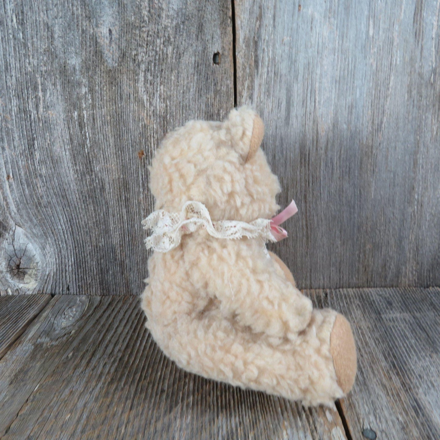 Vintage Teddy Bear Plush Cream Curly Fur Ribbon Lace Collar Dusty's Dream Jointed Stuffed Animal