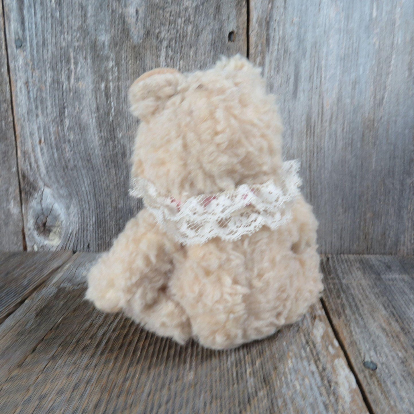 Vintage Teddy Bear Plush Cream Curly Fur Ribbon Lace Collar Dusty's Dream Jointed Stuffed Animal