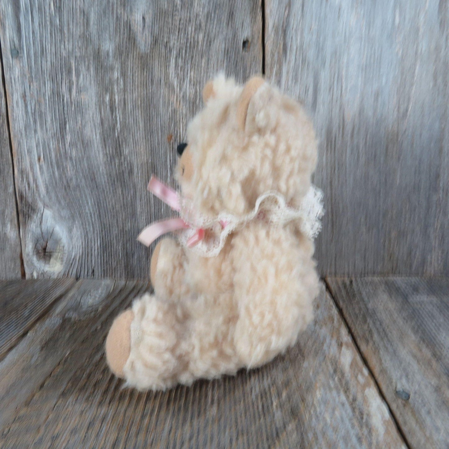 Vintage Teddy Bear Plush Cream Curly Fur Ribbon Lace Collar Dusty's Dream Jointed Stuffed Animal