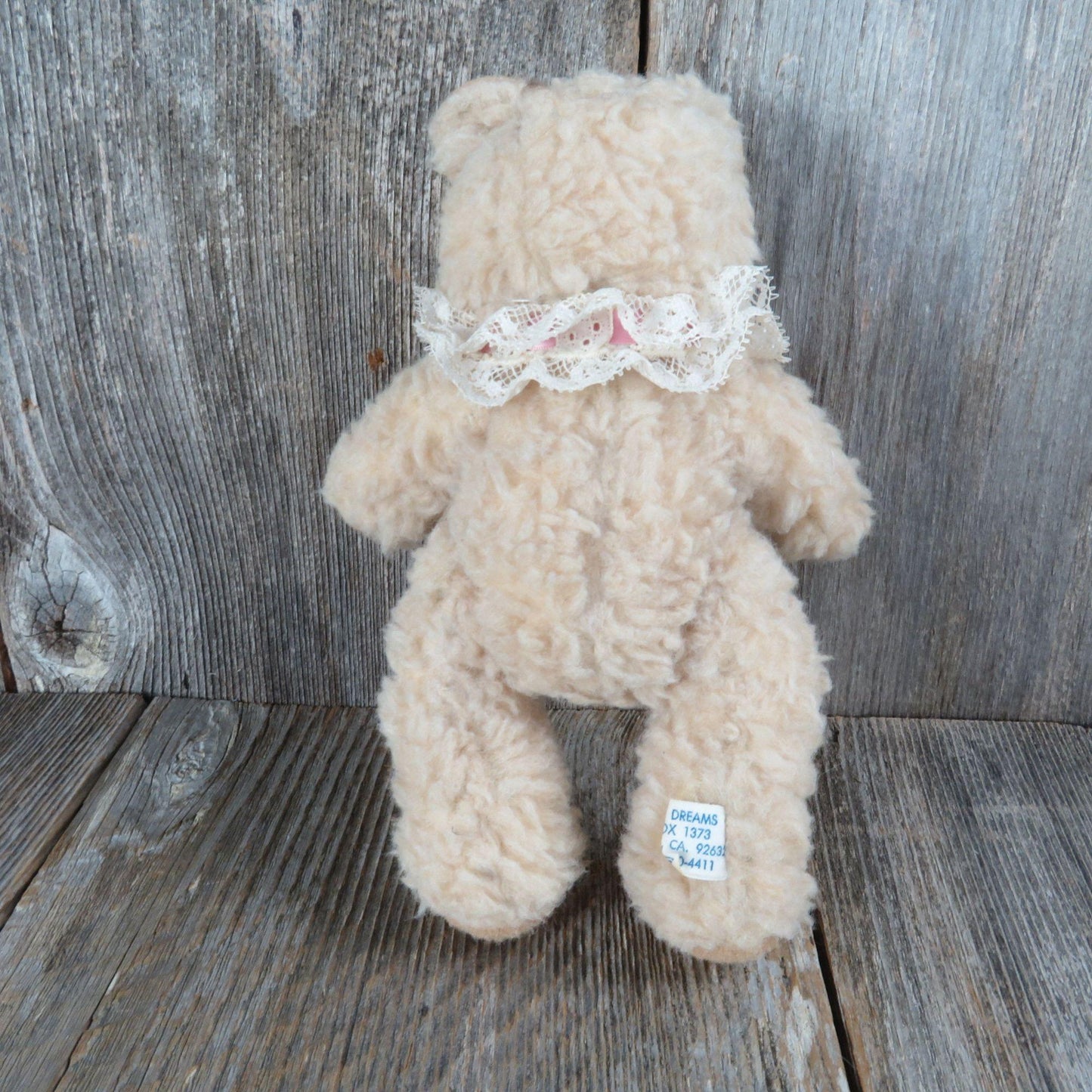 Vintage Teddy Bear Plush Cream Curly Fur Ribbon Lace Collar Dusty's Dream Jointed Stuffed Animal