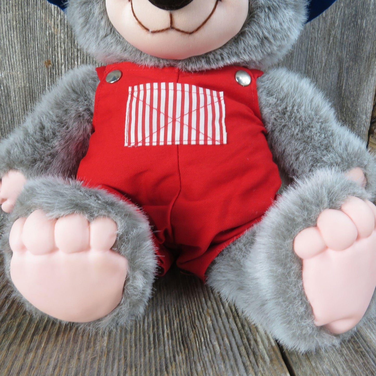 Vintage Hatfield Jethro Teddy Bear Plush Blue Hat Red Bib Overalls Applause 1986 Rubber Hands