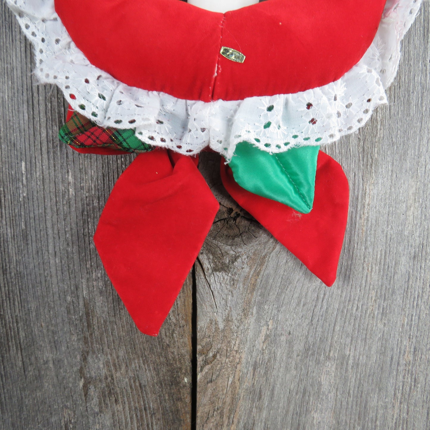 Vintage Red Velvet Fabric Wreath with Cloth Candle White Lace Velveteen Christmas Holly and Bow Made in Taiwan