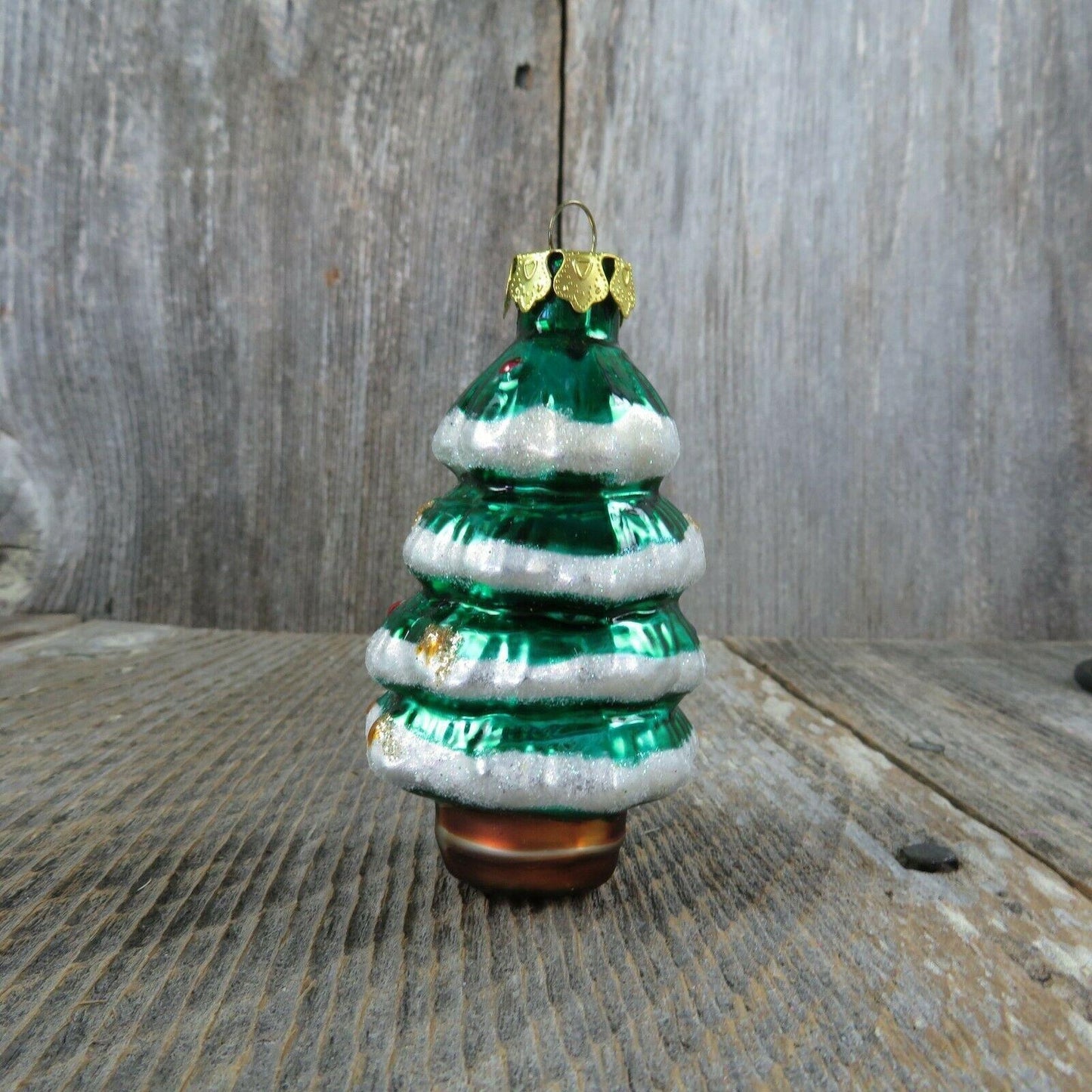 Glass Snow Trimmed Christmas Tree Shaped Ornament Painted Green Gold Cap