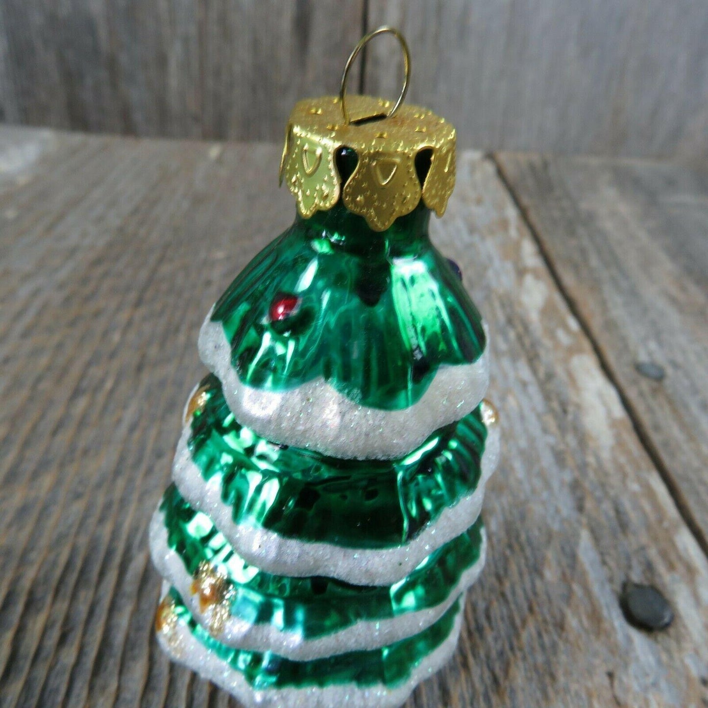 Glass Snow Trimmed Christmas Tree Shaped Ornament Painted Green Gold Cap