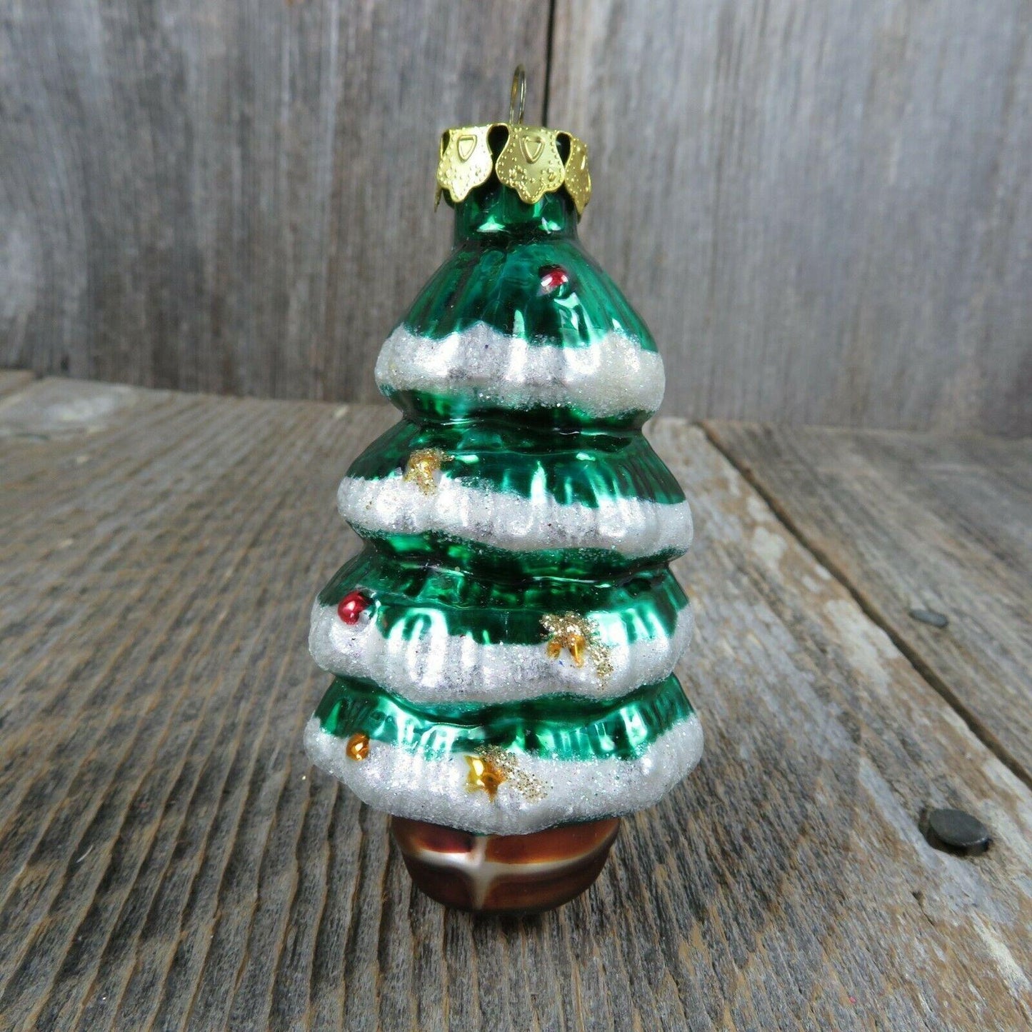 Glass Snow Trimmed Christmas Tree Shaped Ornament Painted Green Gold Cap