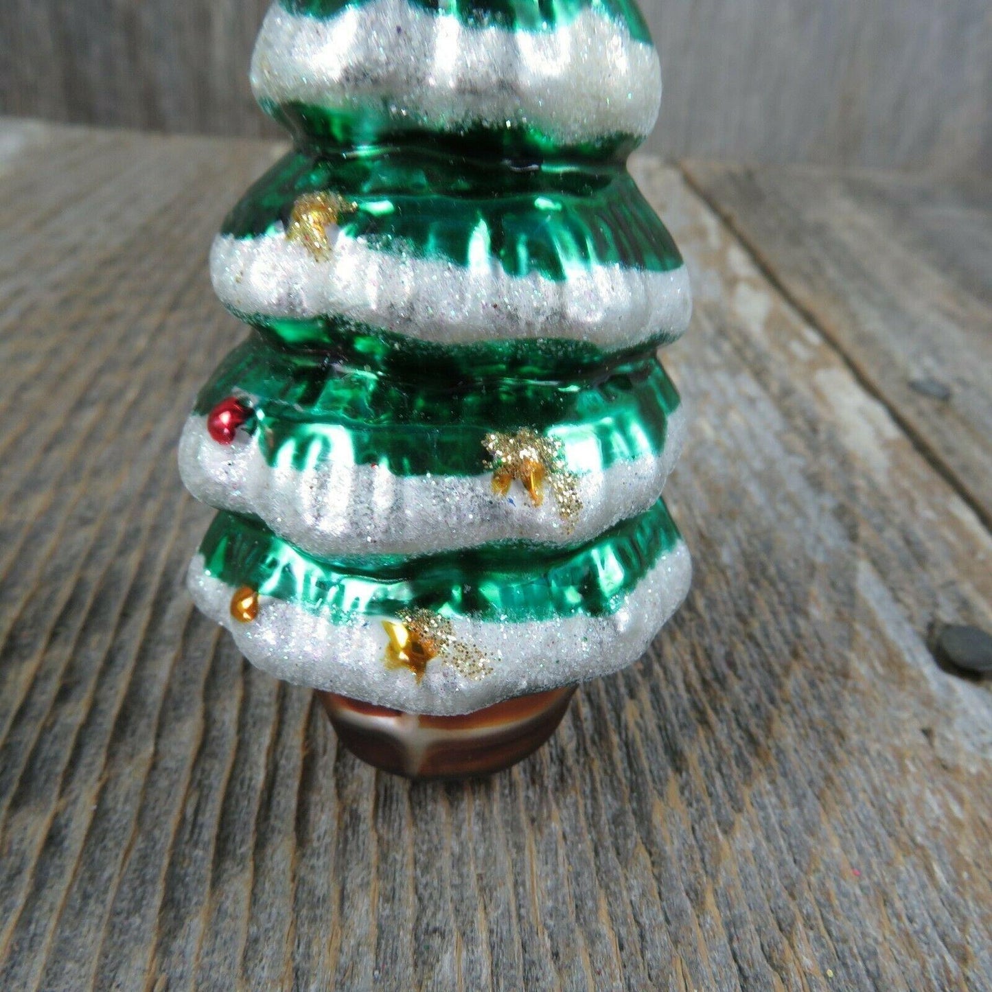 Glass Snow Trimmed Christmas Tree Shaped Ornament Painted Green Gold Cap