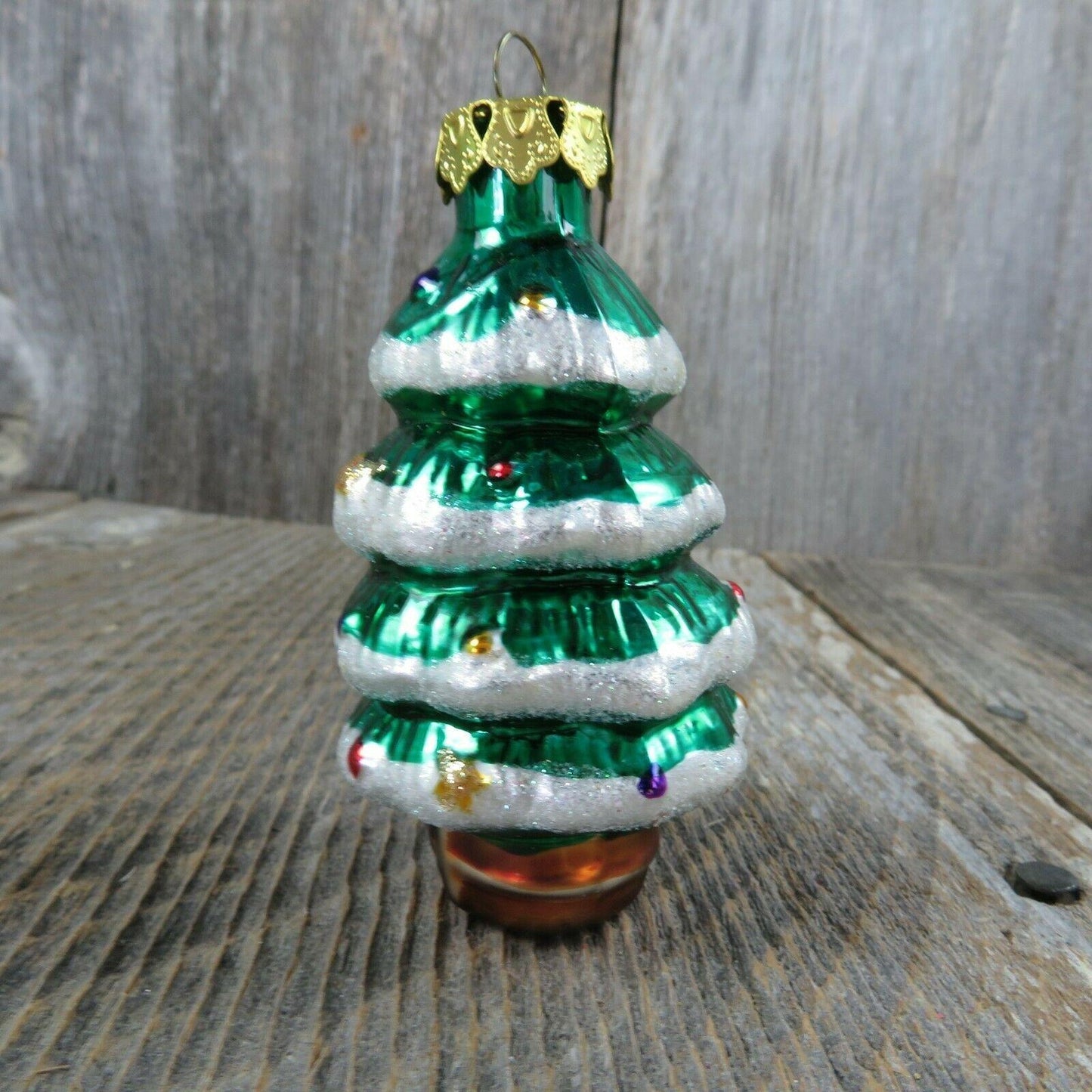 Glass Snow Trimmed Christmas Tree Shaped Ornament Painted Green Gold Cap