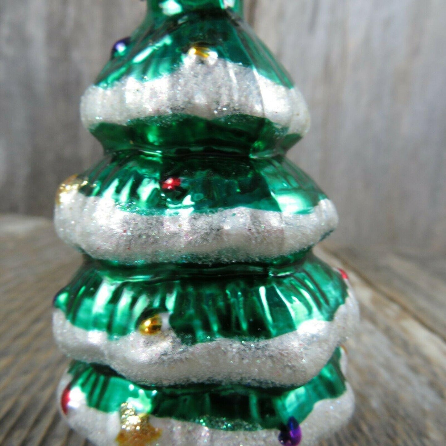 Glass Snow Trimmed Christmas Tree Shaped Ornament Painted Green Gold Cap