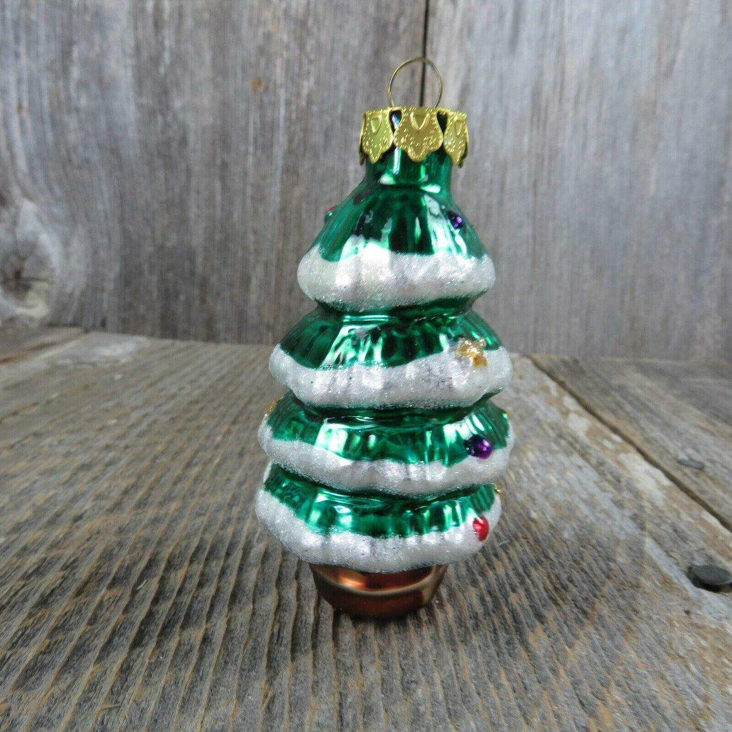 Glass Snow Trimmed Christmas Tree Shaped Ornament Painted Green Gold Cap