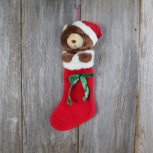 Vintage Teddy Bear Stocking Brown Santa Hat Wella Greetings Green Ribbon