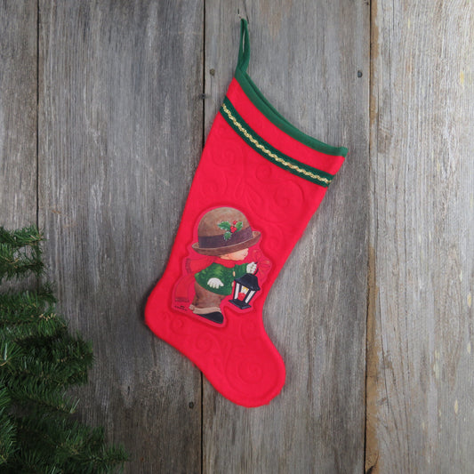 Vintage Boy With Lantern Red Morehead Christmas Stocking Hat Holly Felt Fuzzy Green Fleece Gold Trim