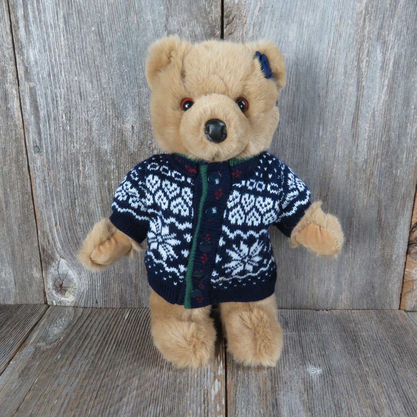 Vintage Bear with Blue Sweater Standing Bear Douglas Company Ear Bow Ellie Bear Stuffed Animal