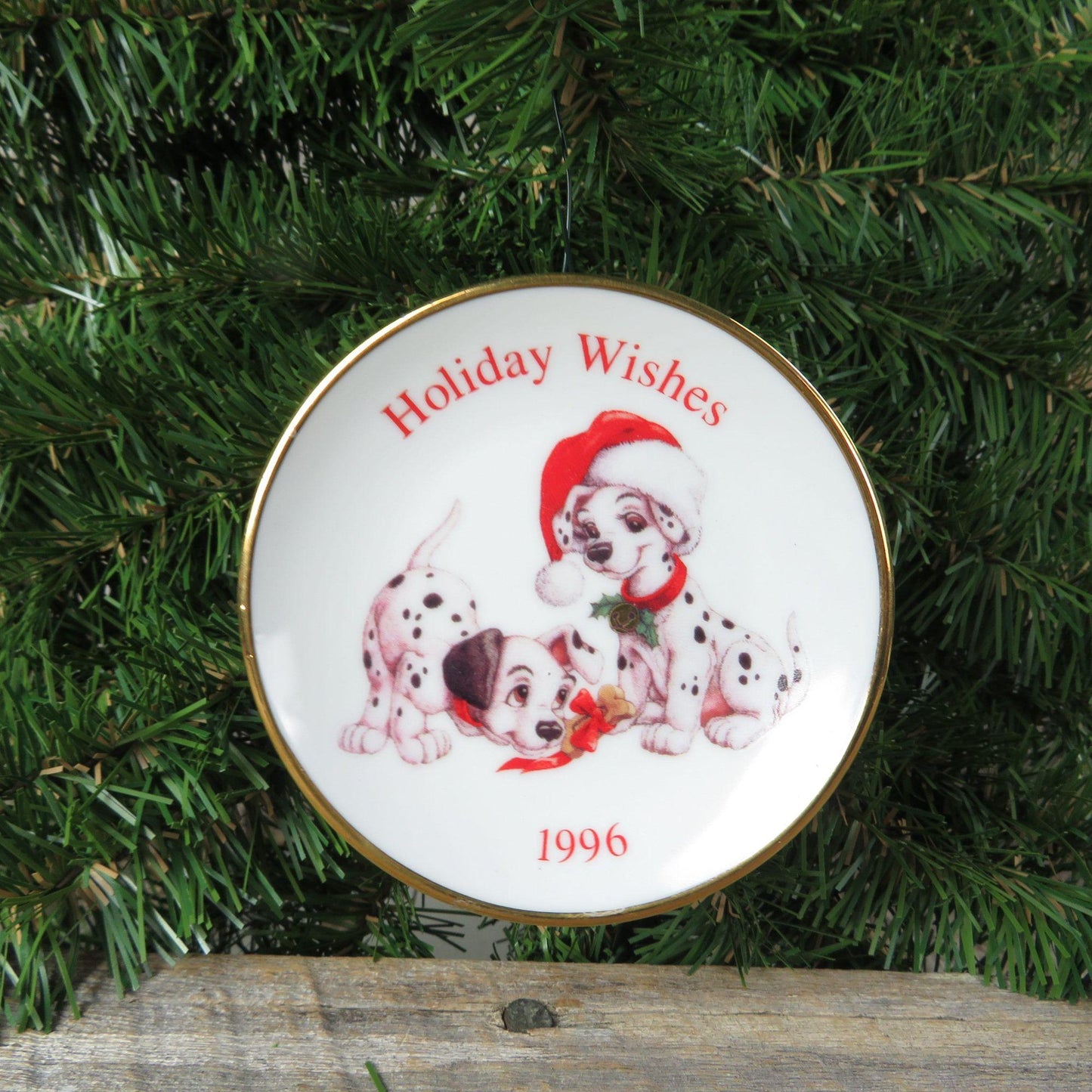 Vintage Dog Mini Plate Ornament 101 Dalmatians Holiday Wishes Hallmark Disney 1996