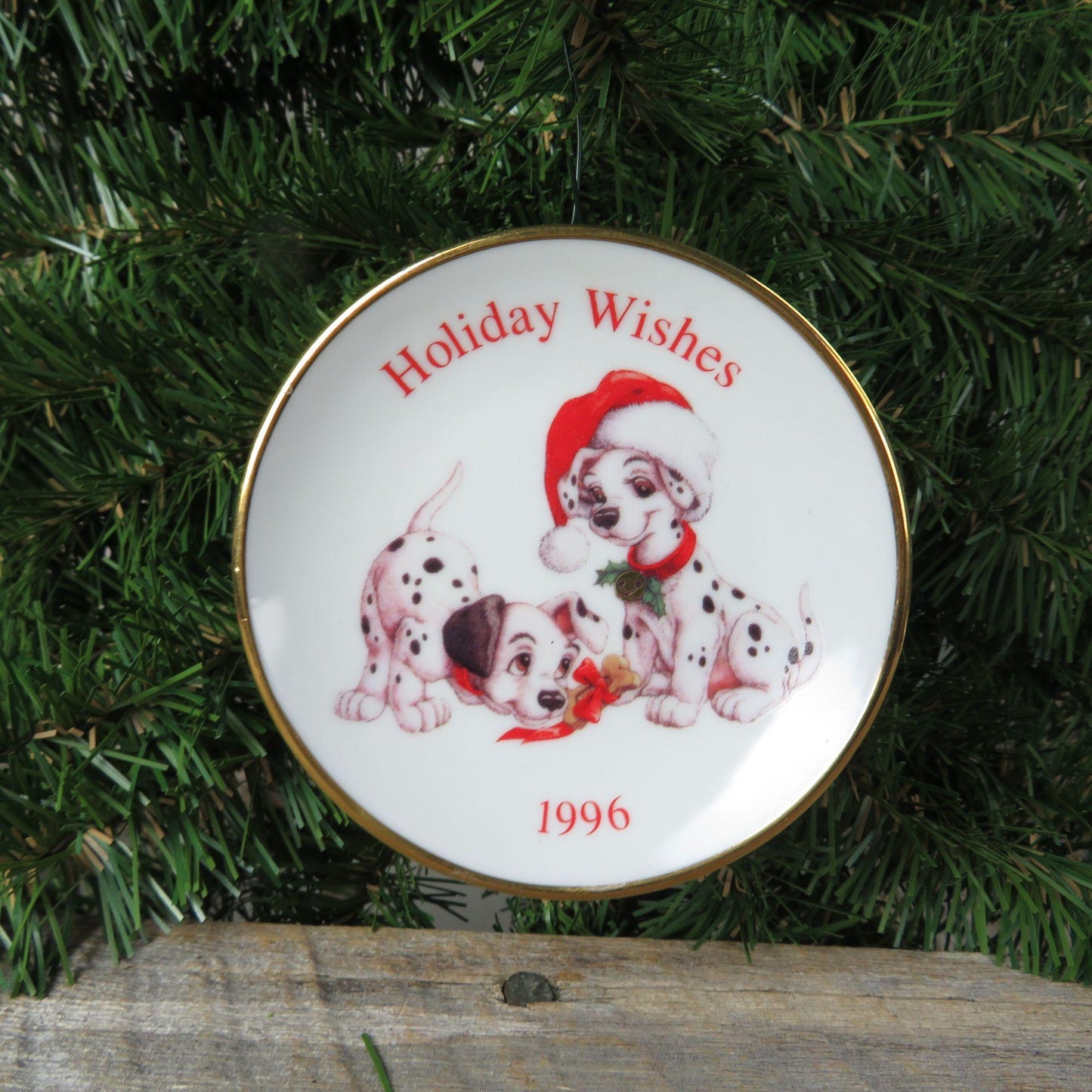 Vintage Dog Mini Plate Ornament 101 Dalmatians Holiday Wishes Hallmark Disney 1996