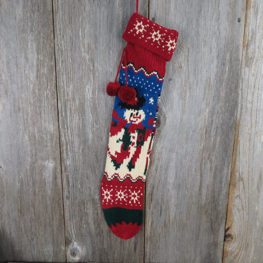 Vintage  Snowman Knit Stocking Chenille Snowflakes Cream Blue Green Red Pom Pom 90s