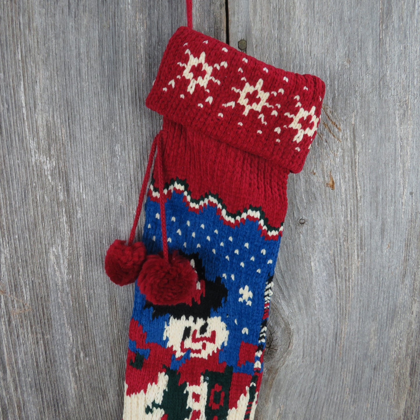 Vintage  Snowman Knit Stocking Chenille Snowflakes Cream Blue Green Red Pom Pom 90s