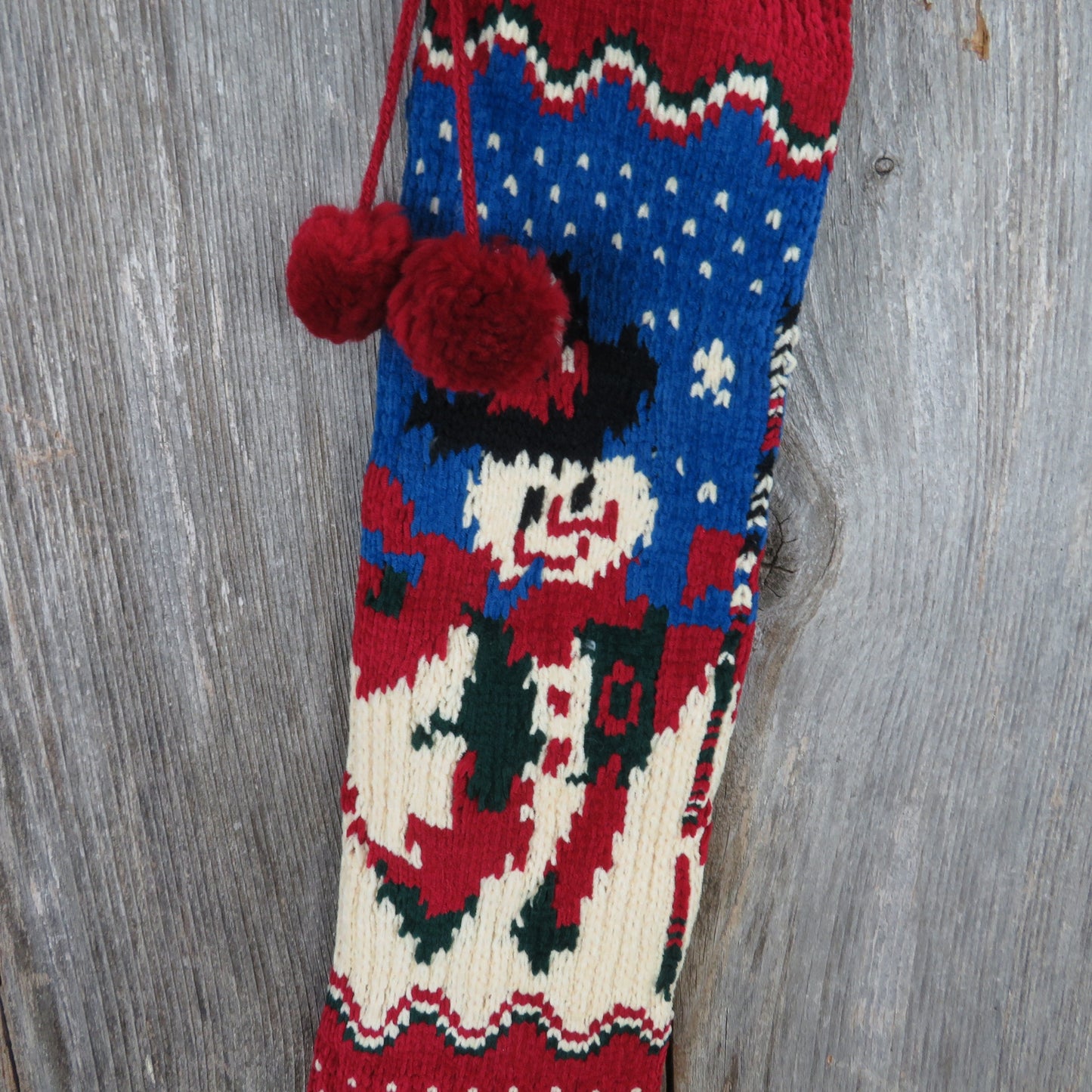 Vintage  Snowman Knit Stocking Chenille Snowflakes Cream Blue Green Red Pom Pom 90s