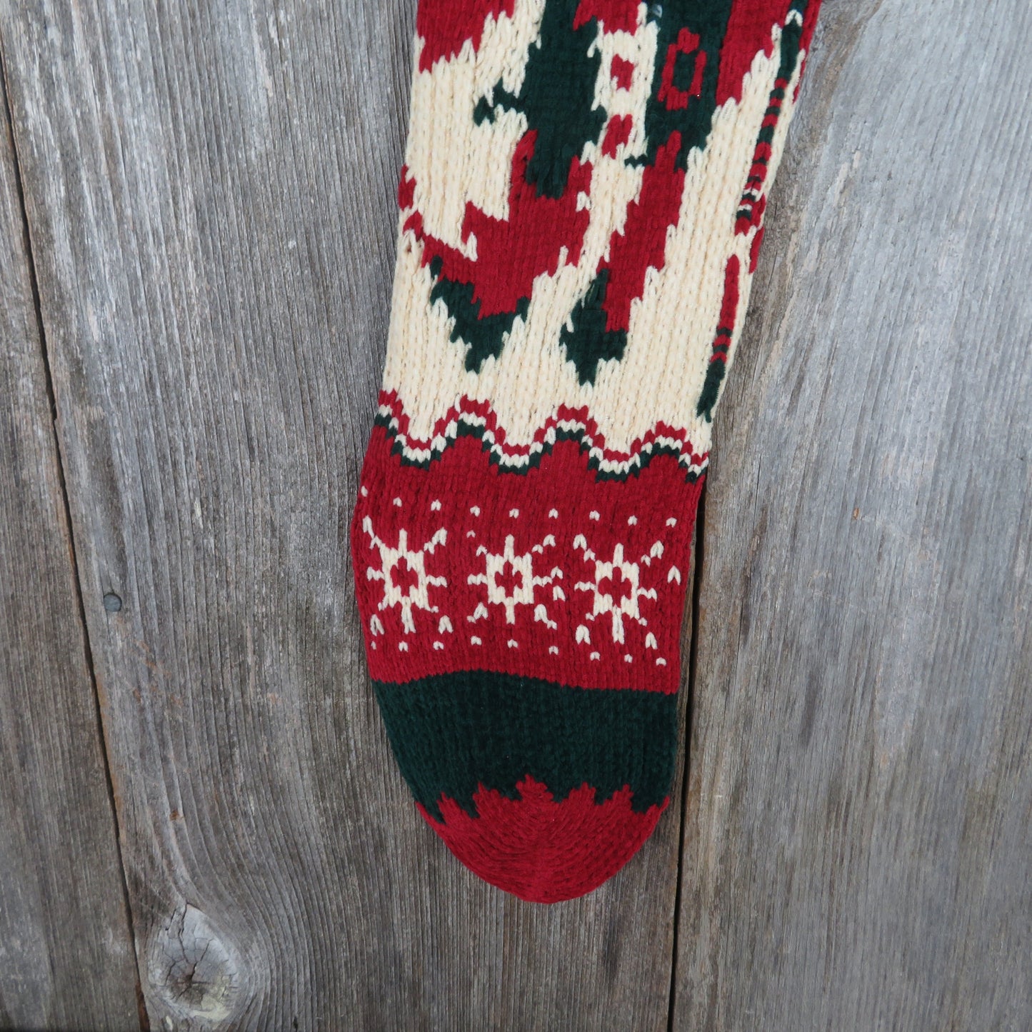 Vintage  Snowman Knit Stocking Chenille Snowflakes Cream Blue Green Red Pom Pom 90s