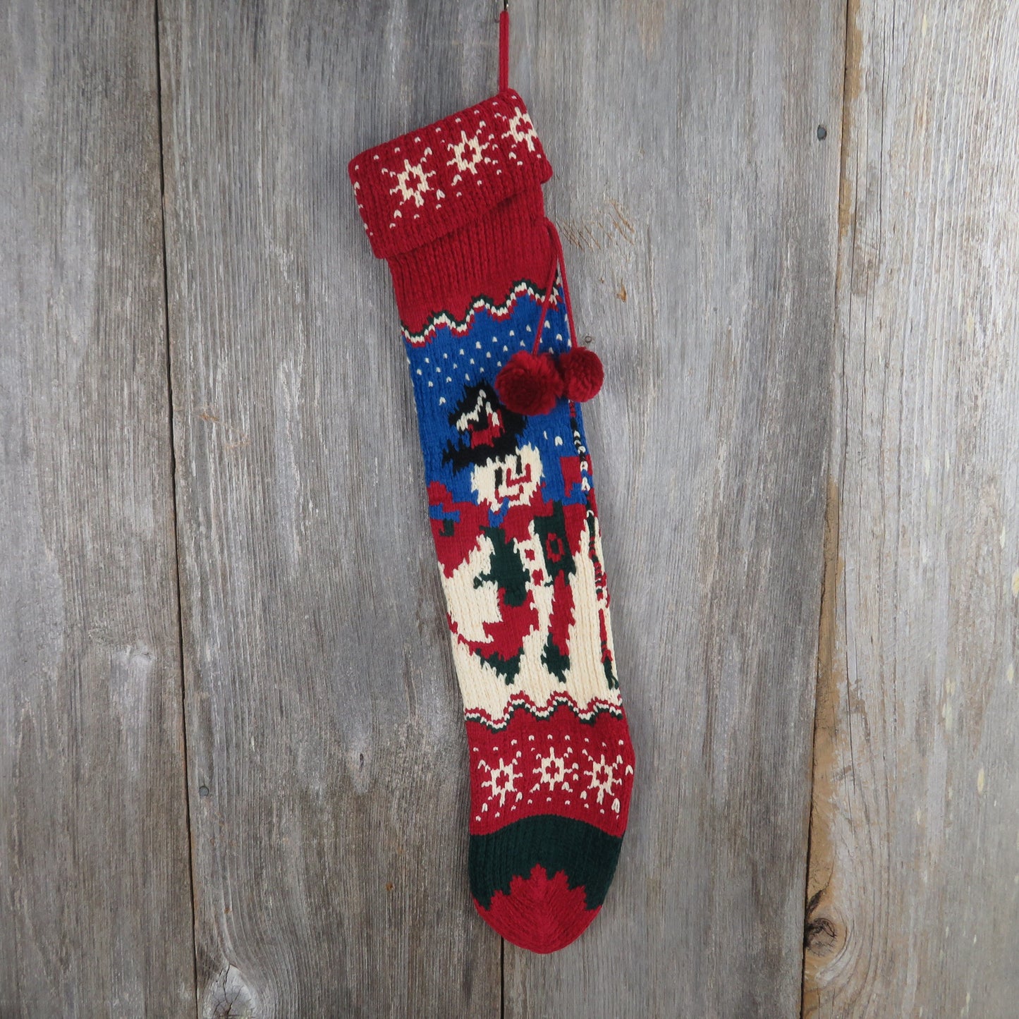 Vintage  Snowman Knit Stocking Chenille Snowflakes Cream Blue Green Red Pom Pom 90s