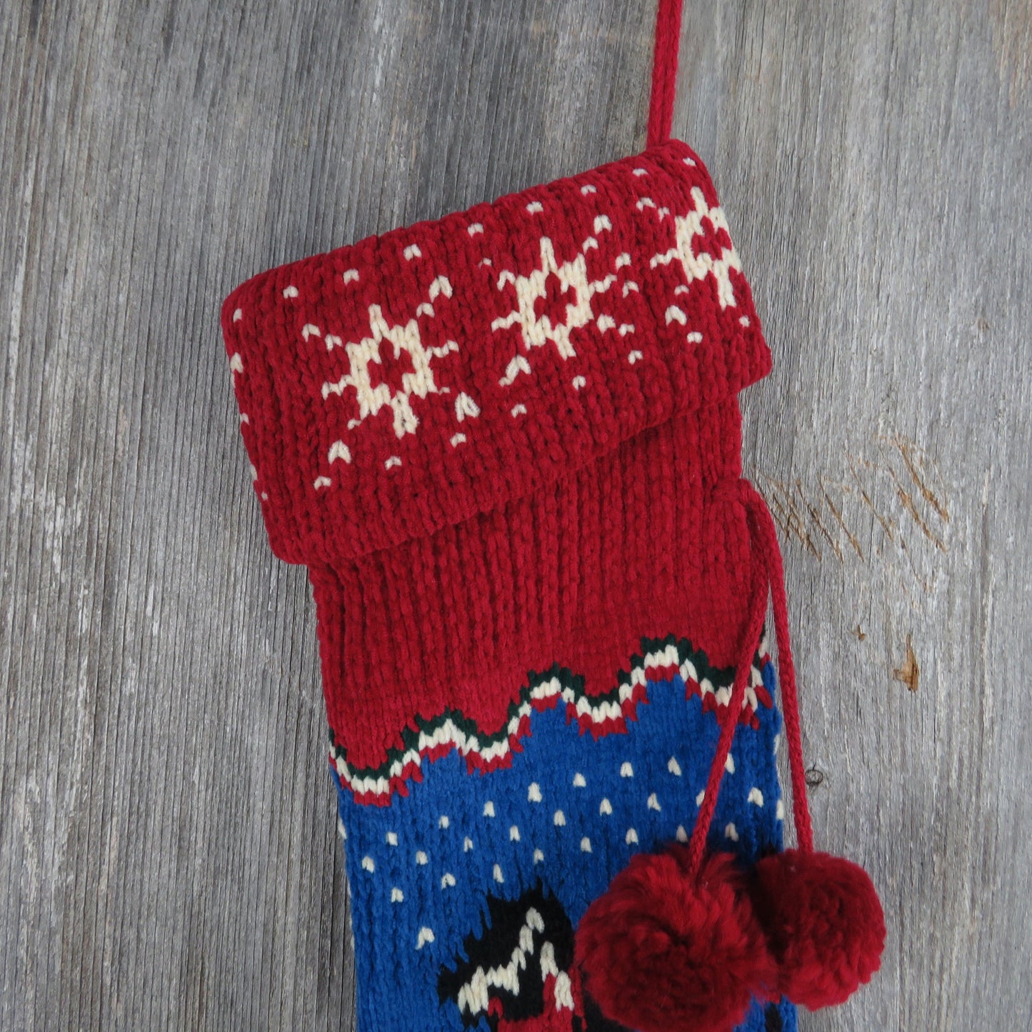 Vintage  Snowman Knit Stocking Chenille Snowflakes Cream Blue Green Red Pom Pom 90s