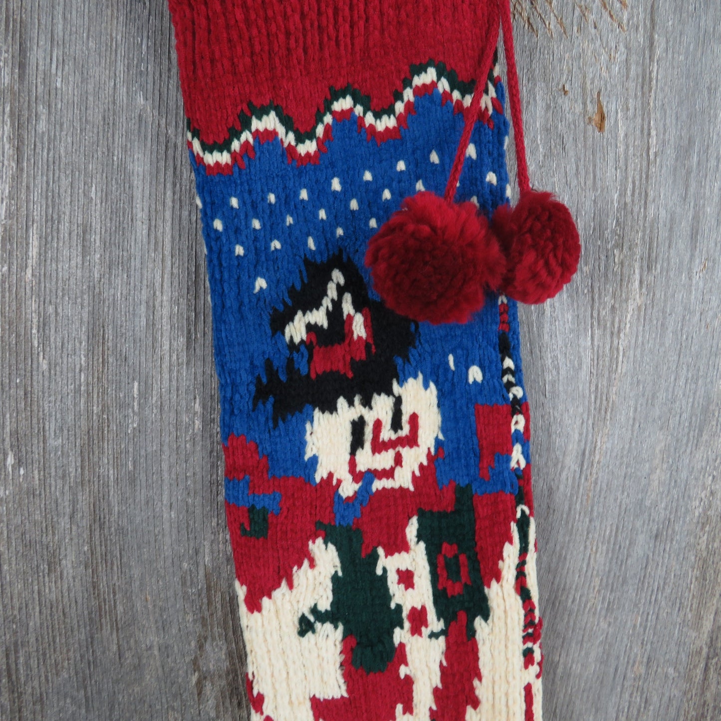 Vintage  Snowman Knit Stocking Chenille Snowflakes Cream Blue Green Red Pom Pom 90s