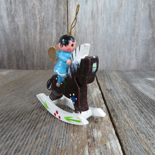 Vintage Wooden Angel on Rocking Horse Ornament Wood Christmas Blue Angel Brown Pony