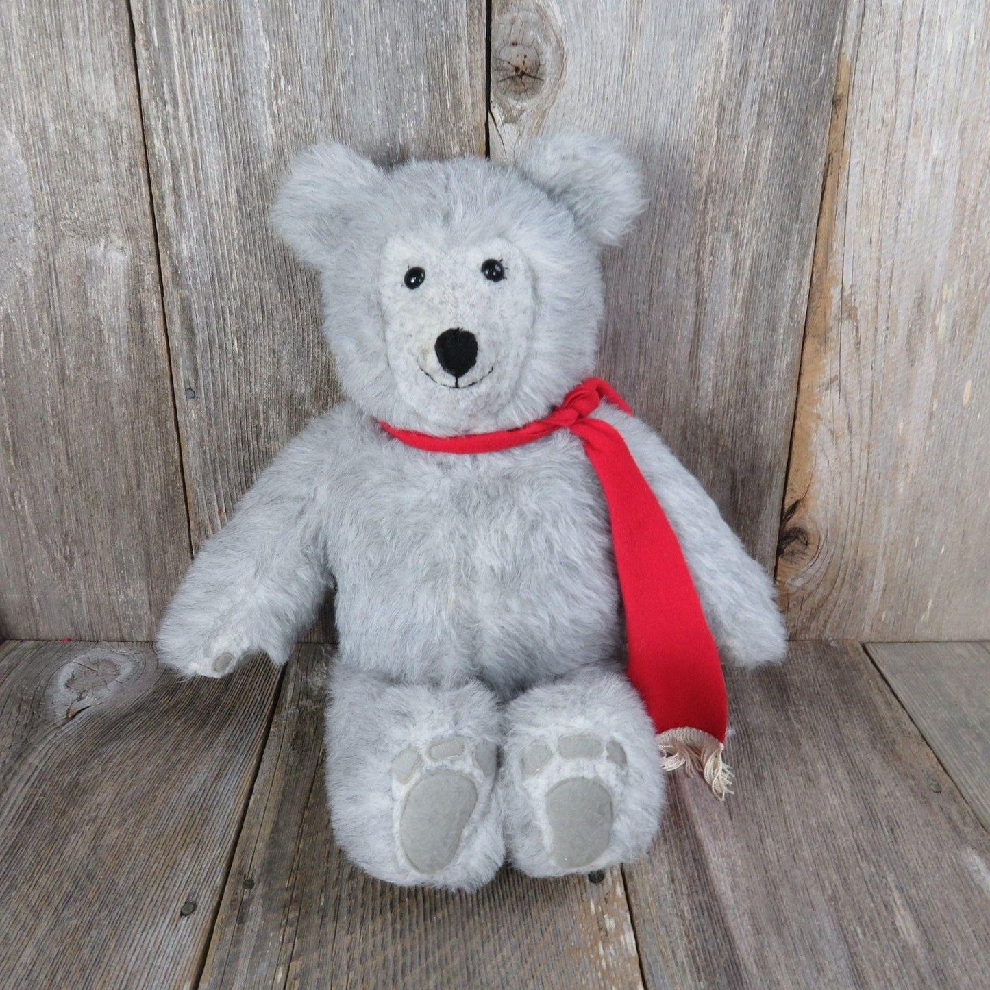 Vintage Grey Bear with Red Scarf Plush Happy Gray Handmade Stitched Winter Teddy Stuffed Animal