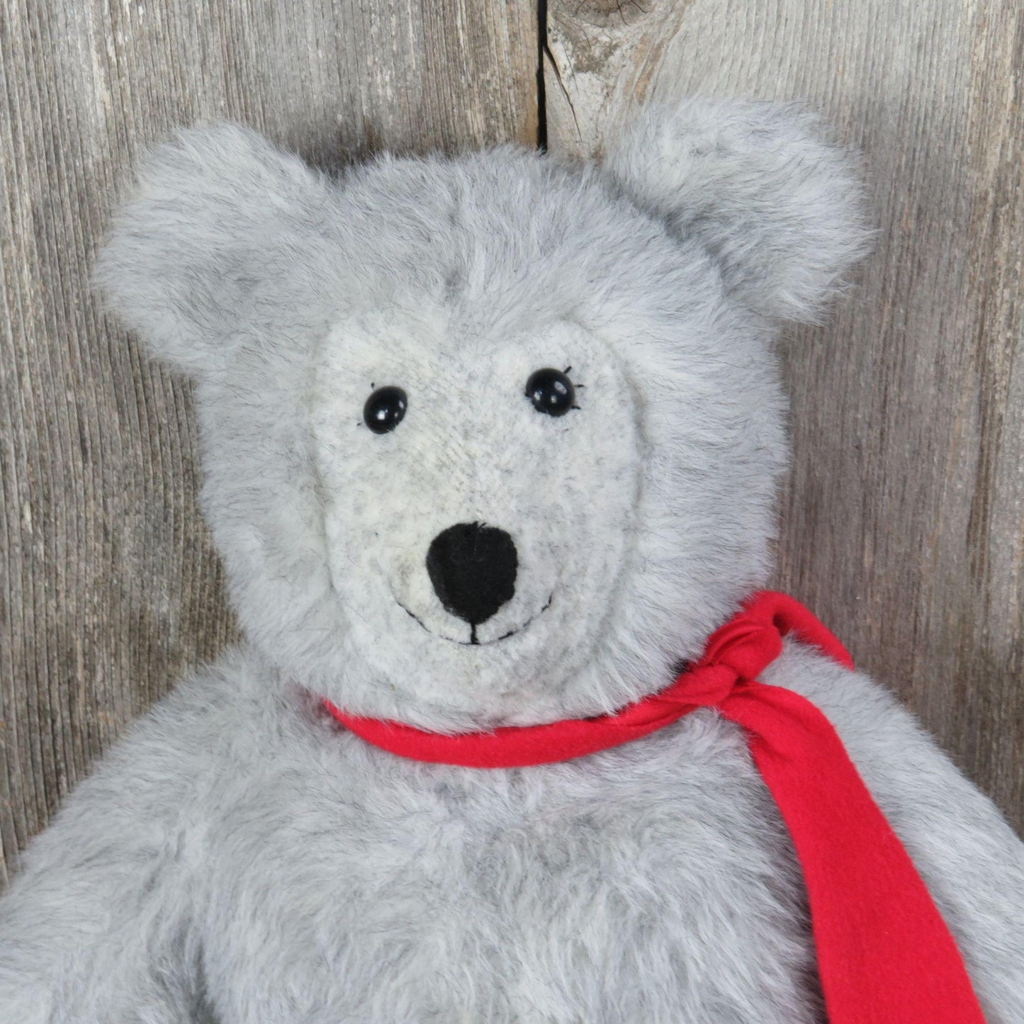 Vintage Grey Bear with Red Scarf Plush Happy Gray Handmade Stitched Winter Teddy Stuffed Animal