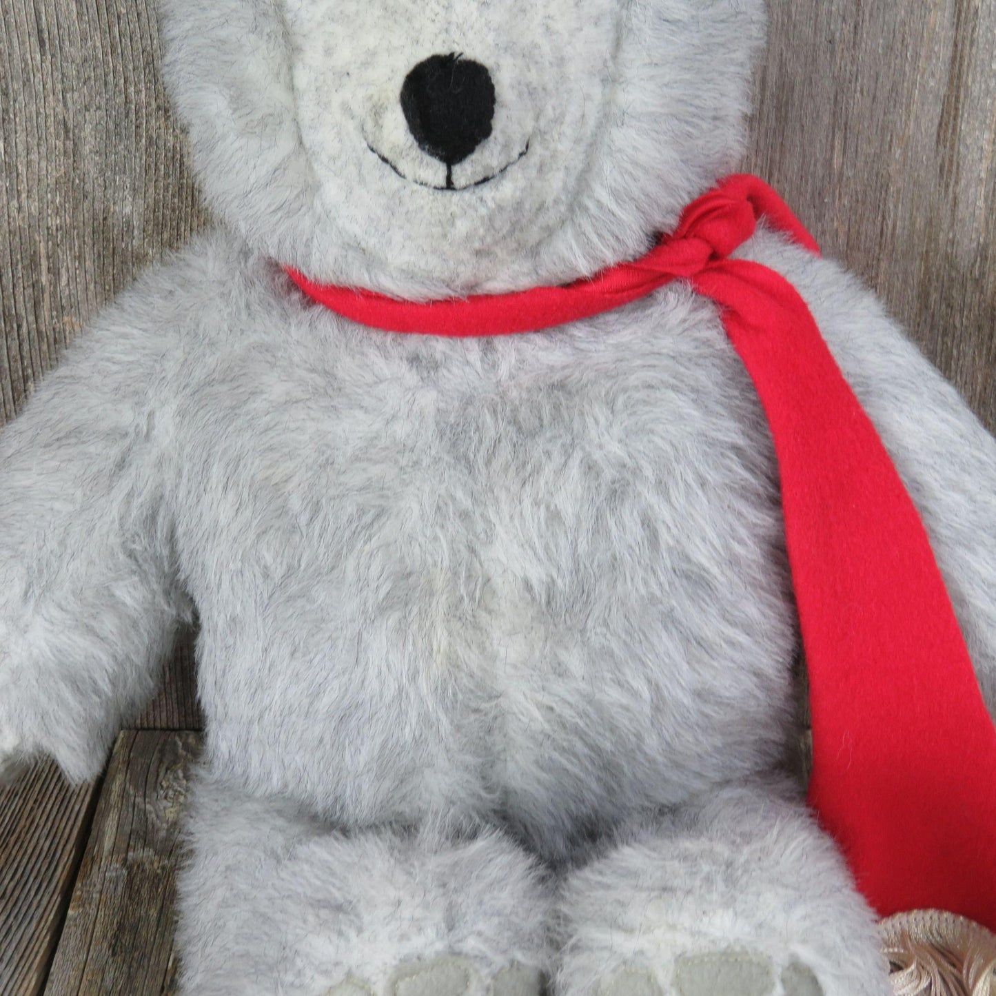 Vintage Grey Bear with Red Scarf Plush Happy Gray Handmade Stitched Winter Teddy Stuffed Animal