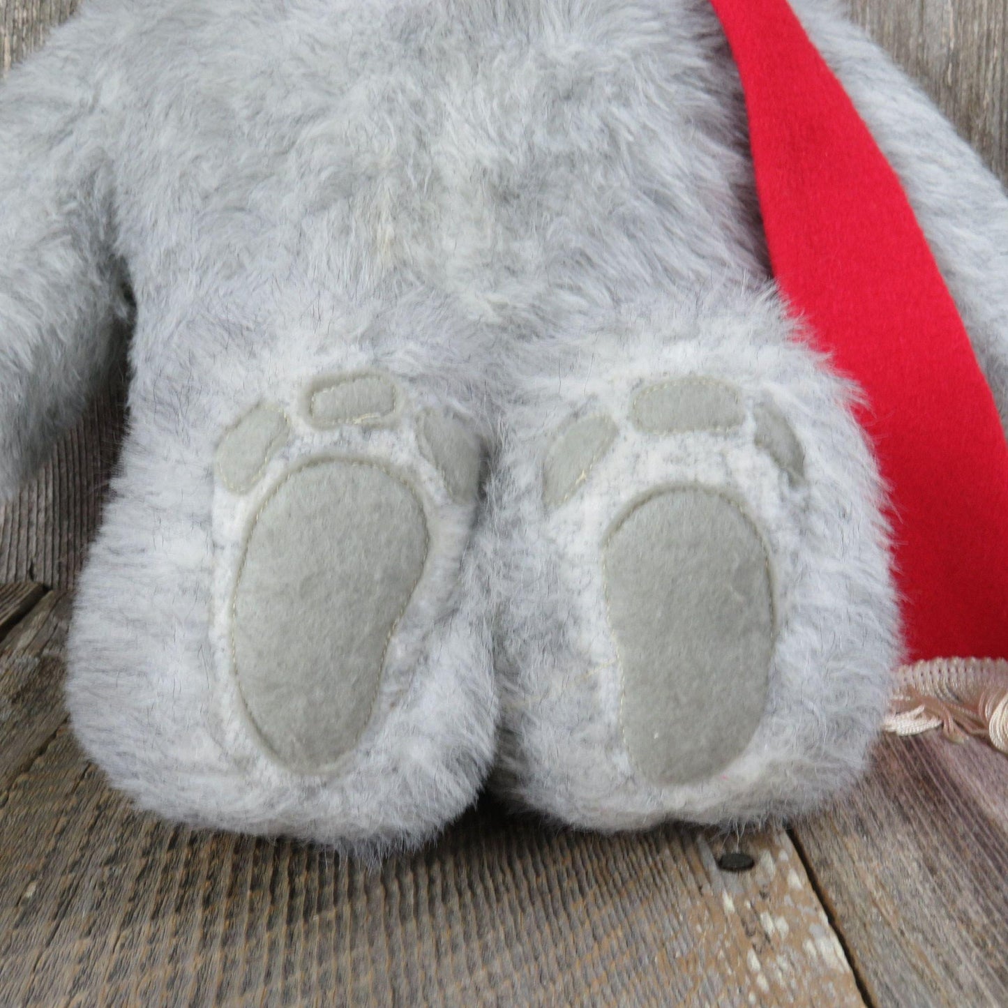 Vintage Grey Bear with Red Scarf Plush Happy Gray Handmade Stitched Winter Teddy Stuffed Animal