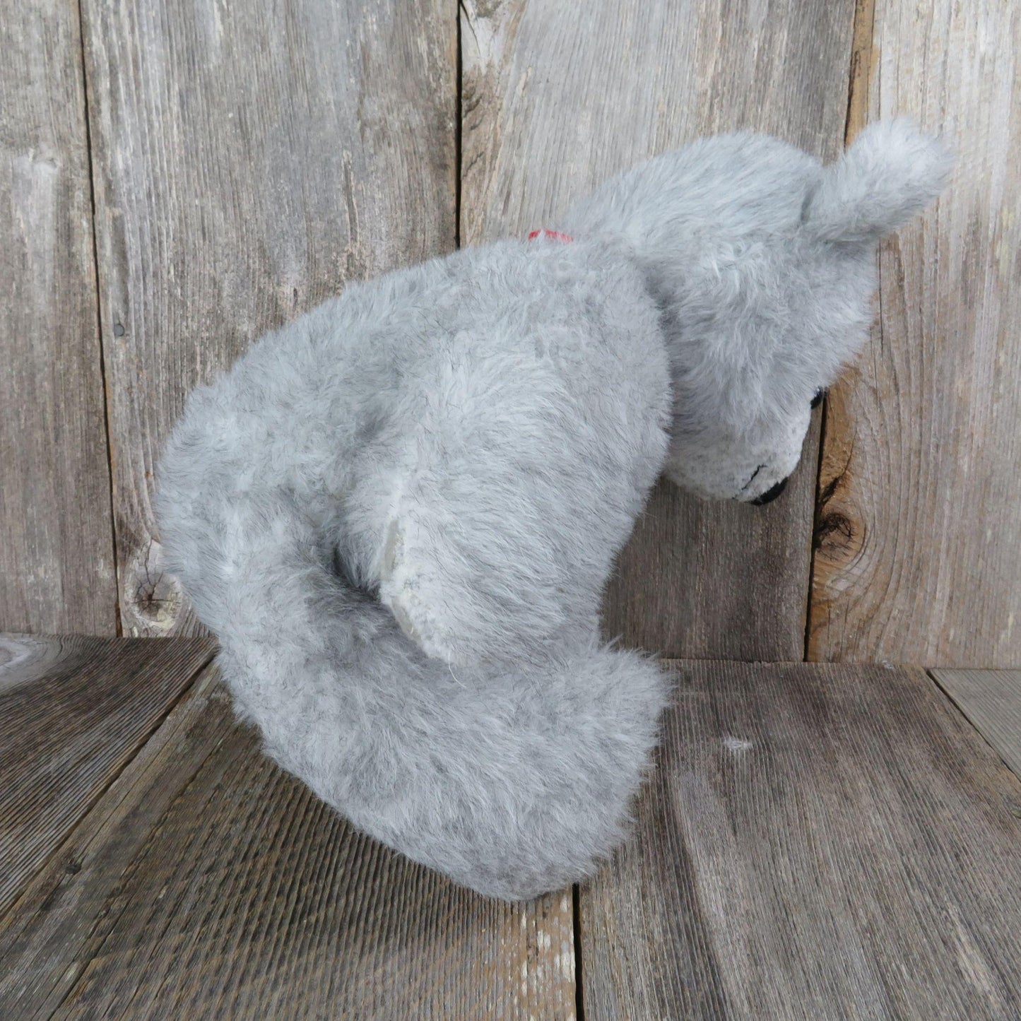 Vintage Grey Bear with Red Scarf Plush Happy Gray Handmade Stitched Winter Teddy Stuffed Animal